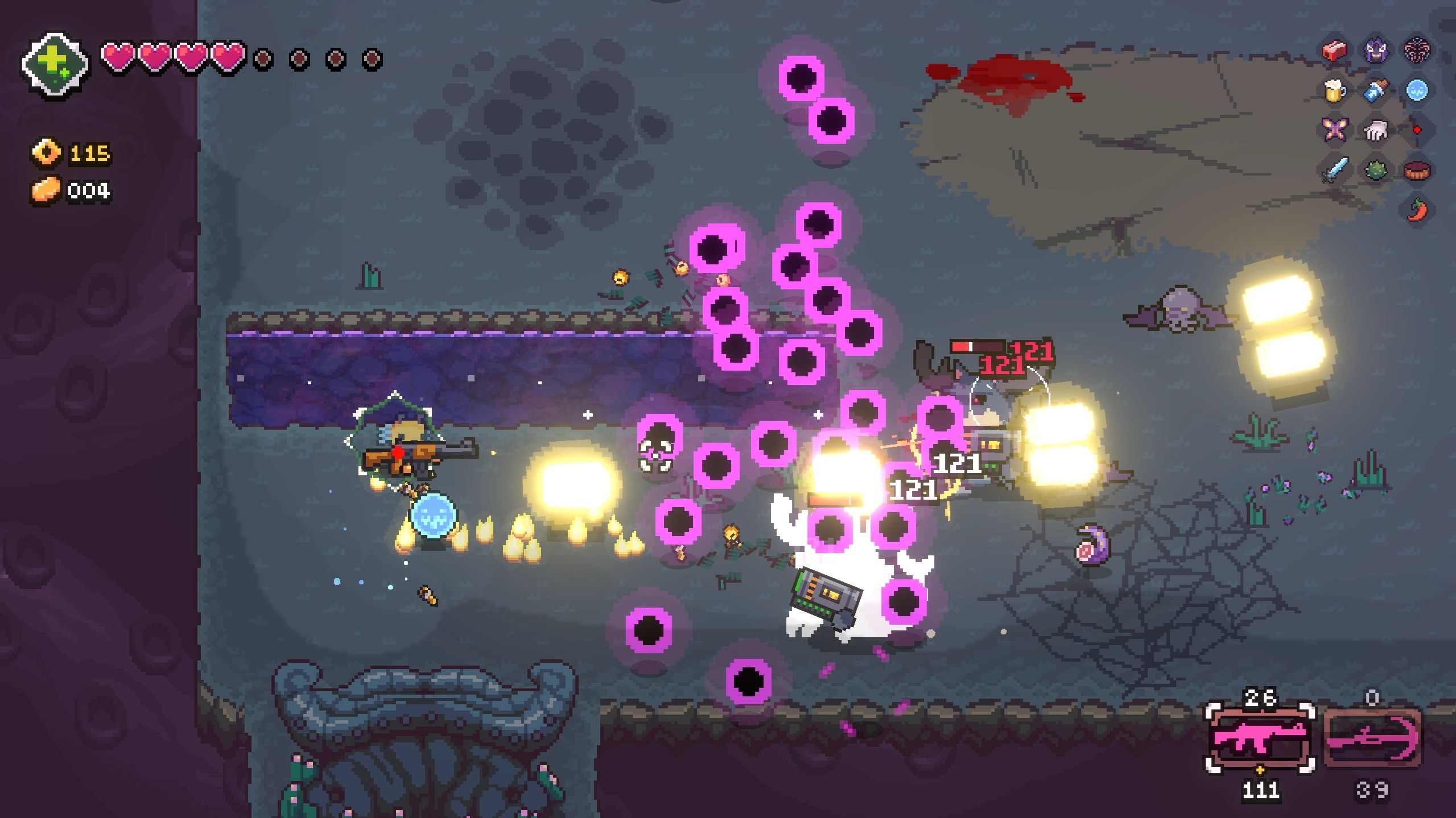An axolotlfires a comically large AK-47 at some enemy moose, who fire black and pink orbs in return in AK-xolotl.