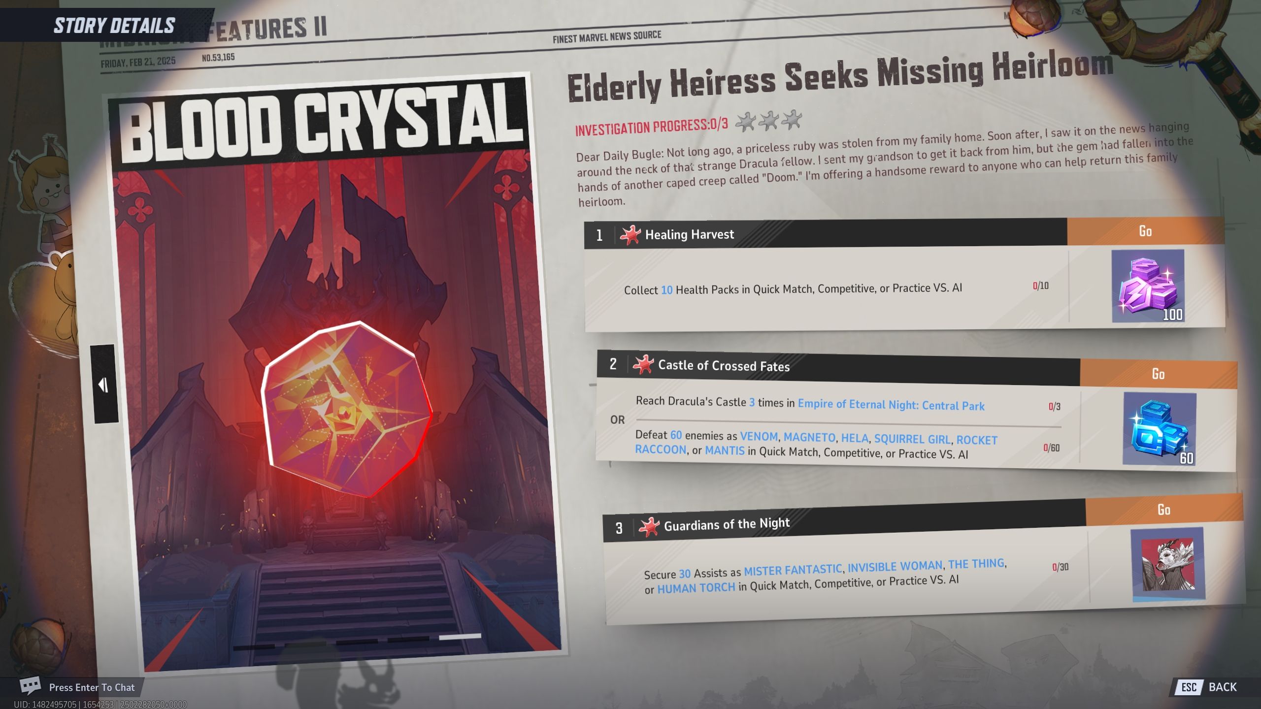 Blood Crystal event page with all the challenges and rewards - Marvel Rivals