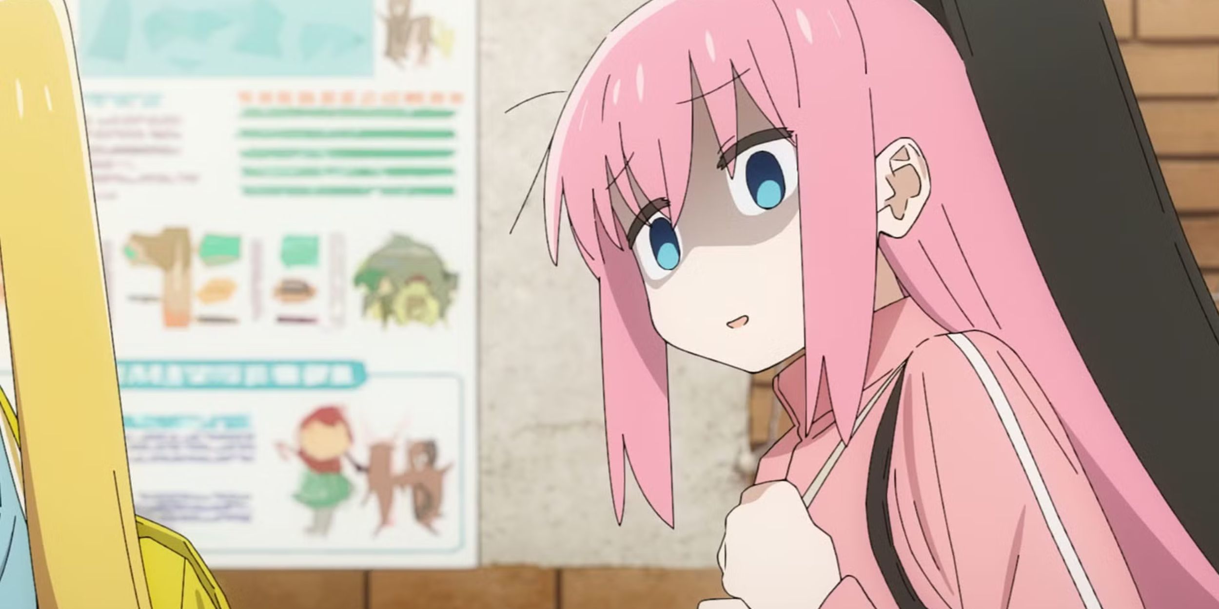 A frightened Bocchi from Bocchi The Rock.