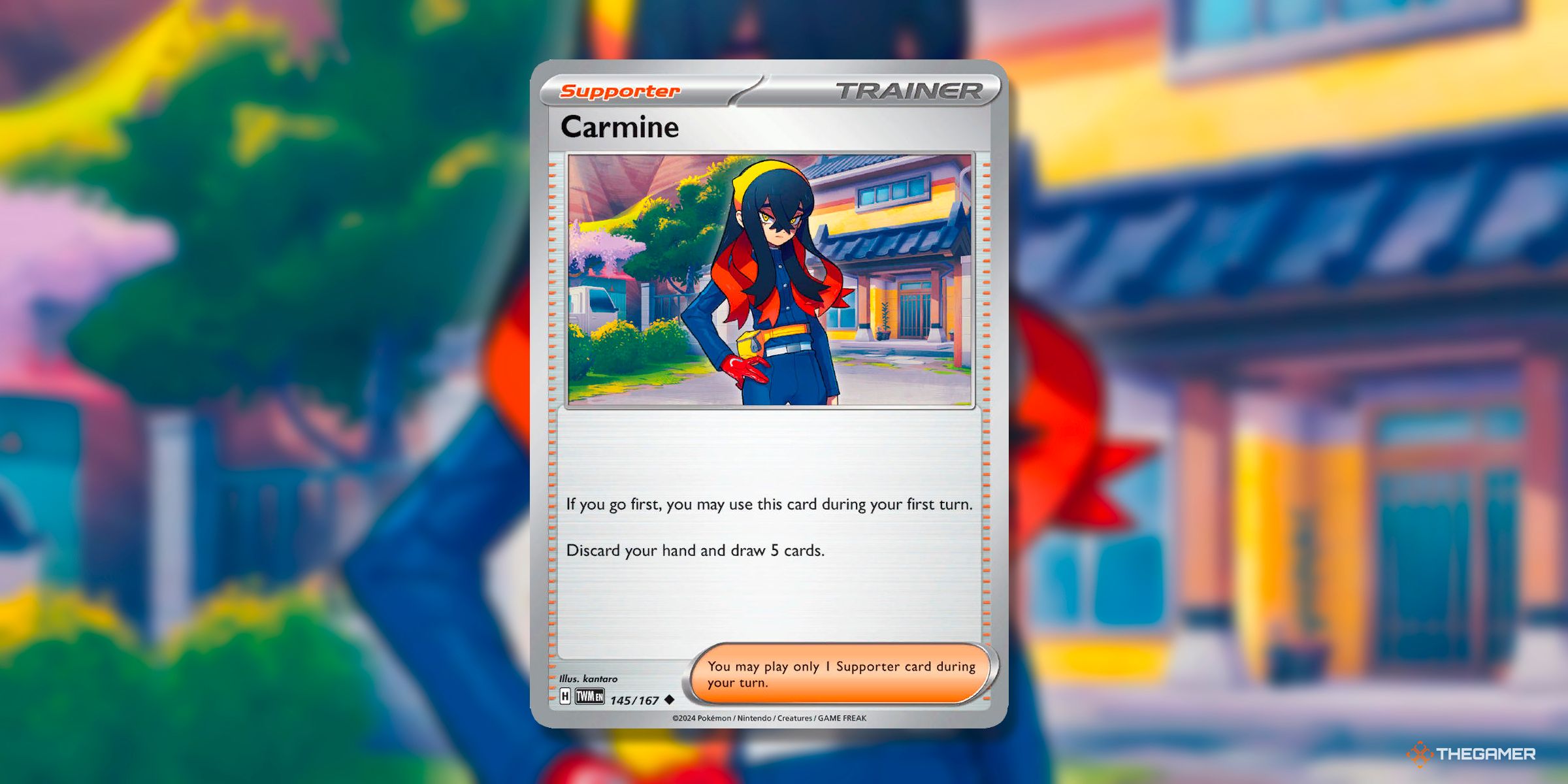 Pokemon TCG Scarlet and Violet's Twilight Masquerade Carmine Supporter Trainer Card.
