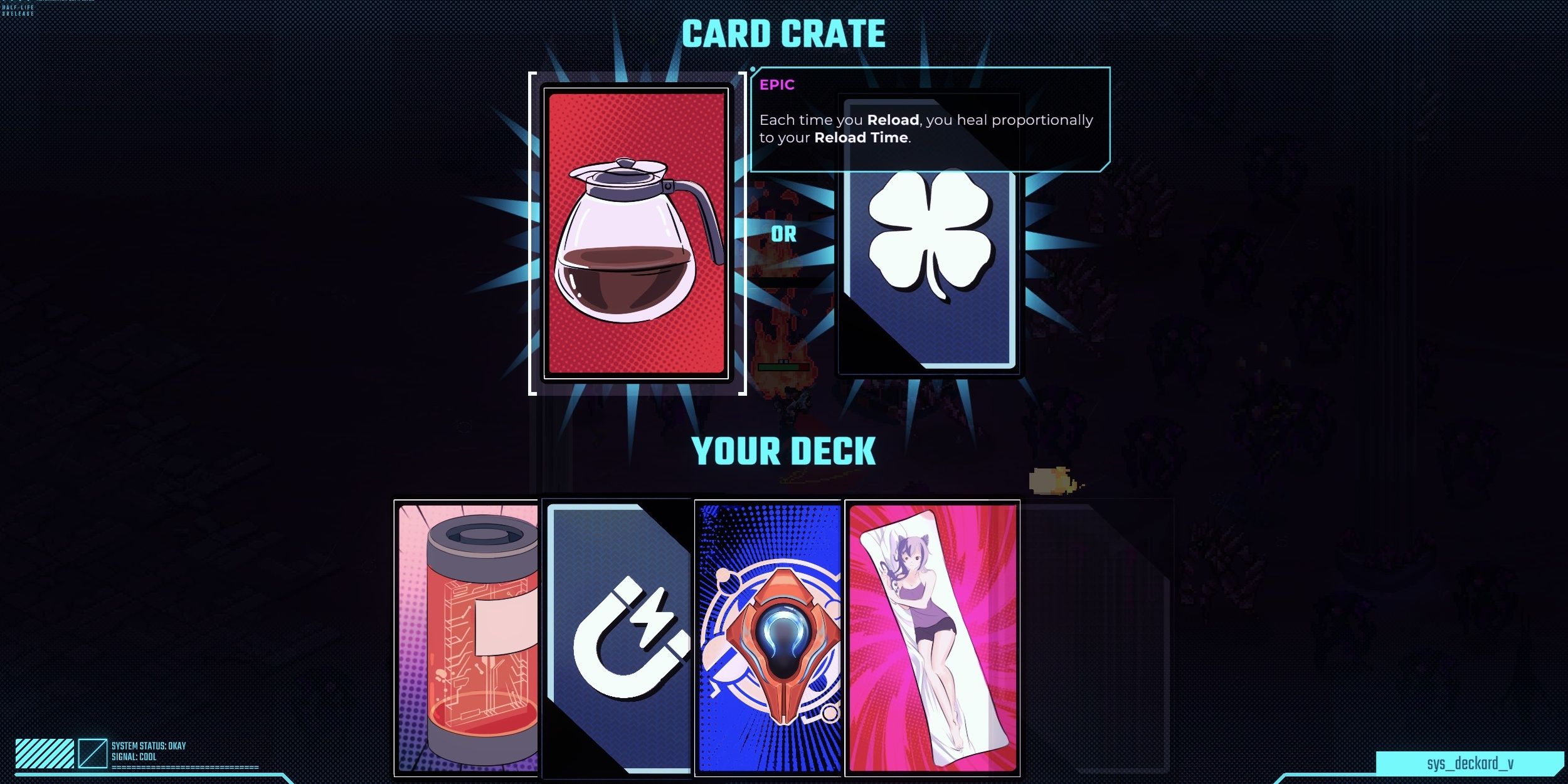 The Card Crate menu, with the options being a pot of coffee (left) and a four-leaf clover (right) At the bottom is a hand of other cards in Sodaman.