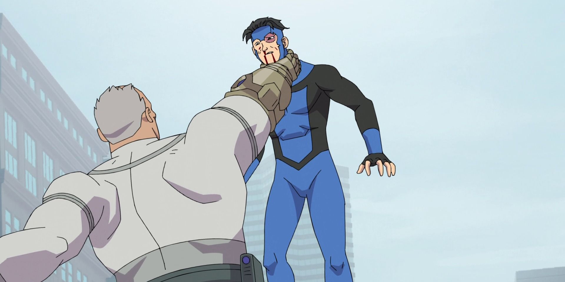 Conquest holding Invincible by his throat in Invincible.