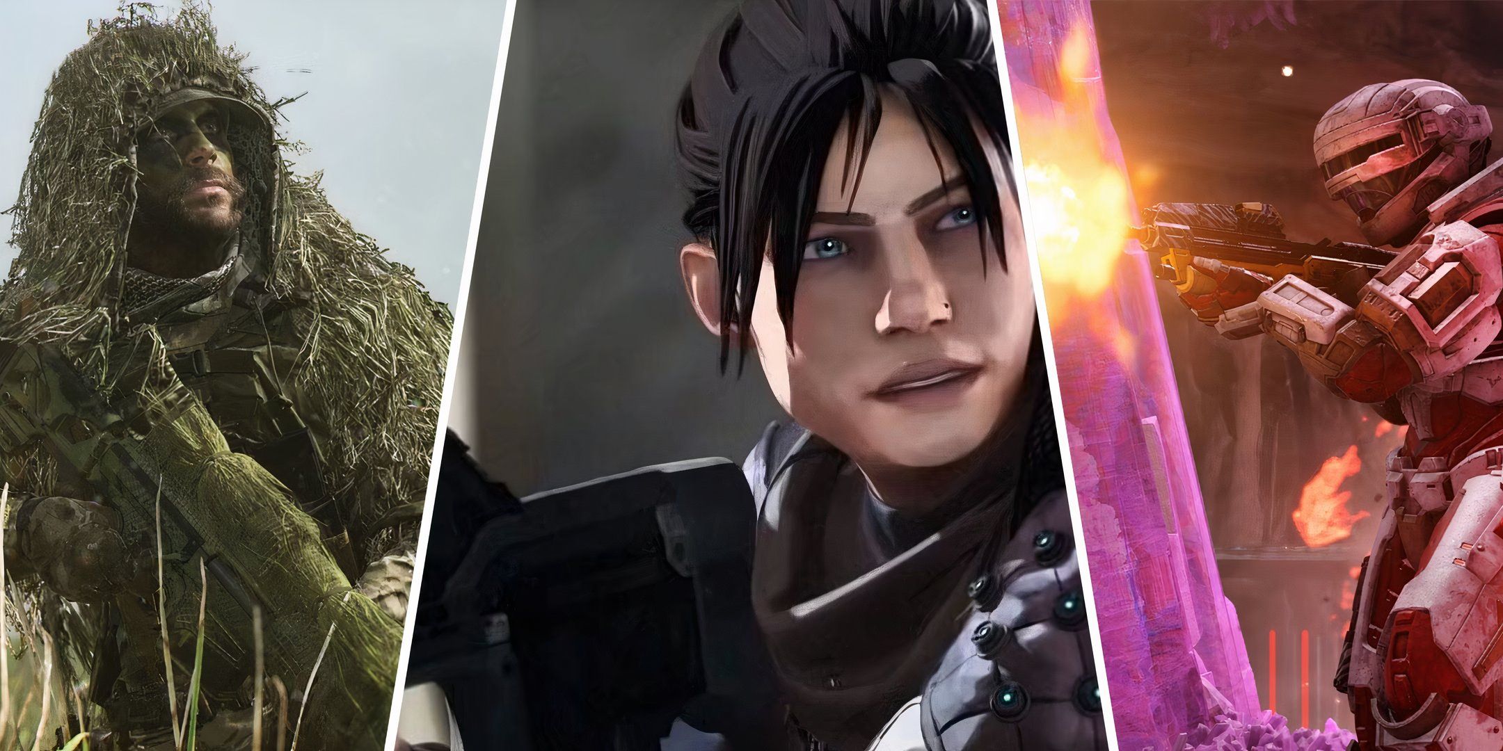 Apex Legends, Halo Infinite, and Call of Duty: Modern Warfare II all arranged side by side.
