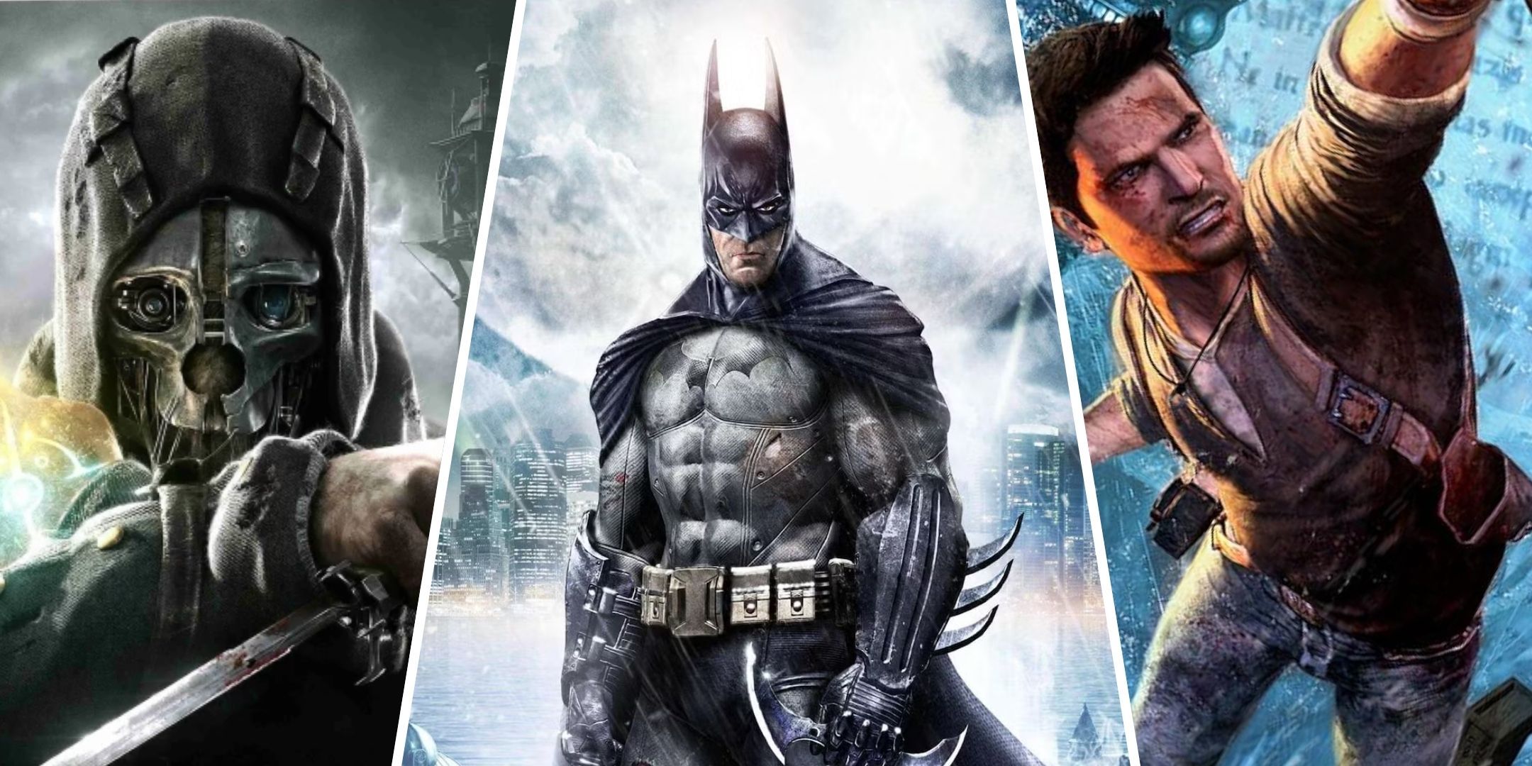 A split image of Dishonored, Arkham Asylum, and Uncharted 2.