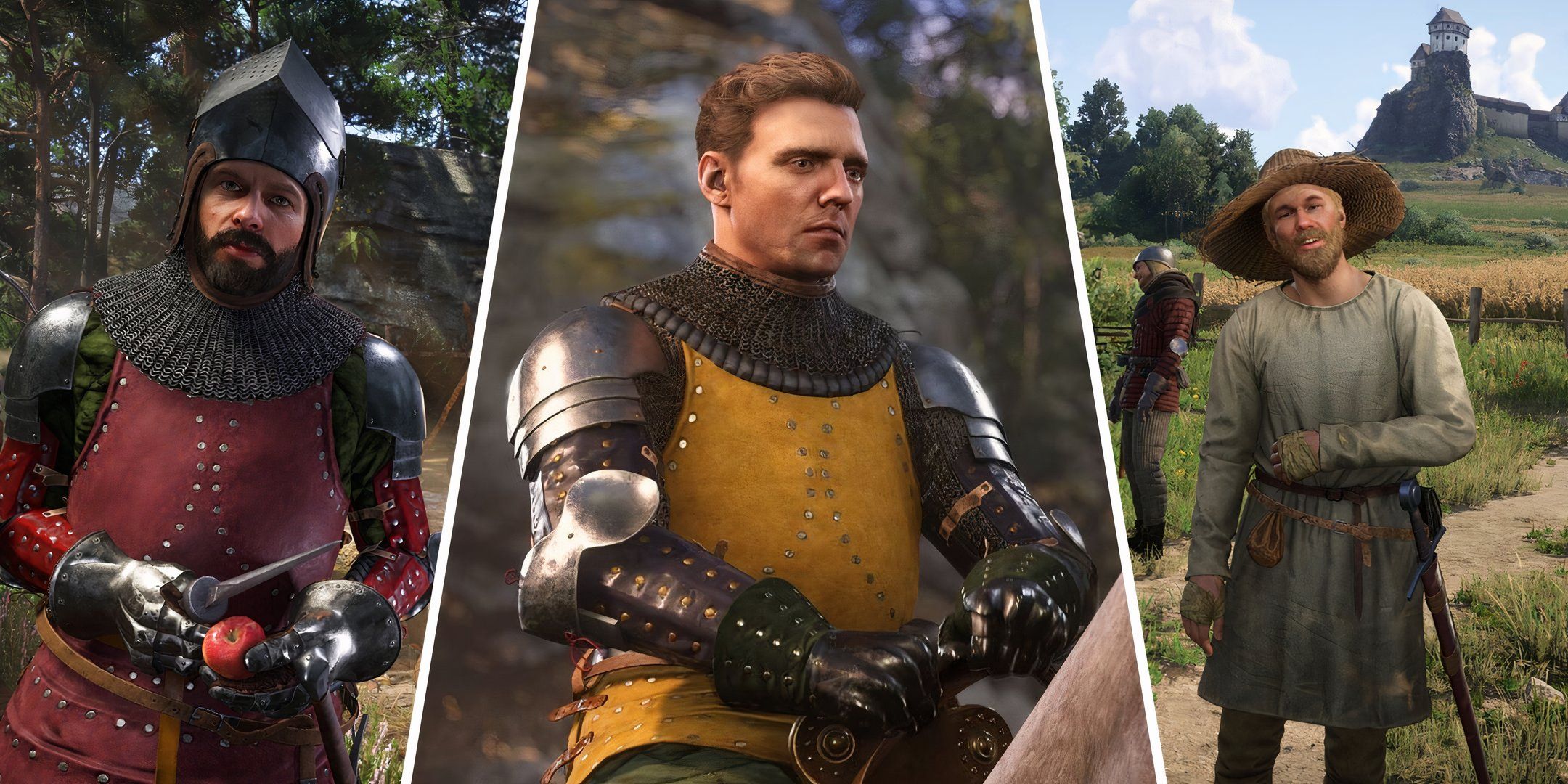 split image showing an armored bandit, henry of skalitz, and a villager from kingdom come deliverance 2.