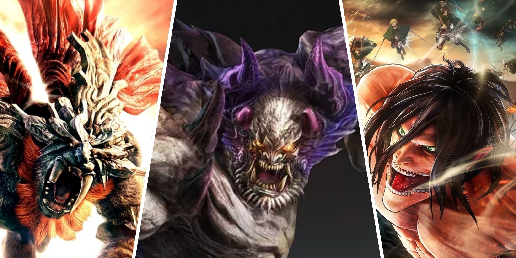 Split image of monsters from God Eater, Toukiden and Attack On Titan.