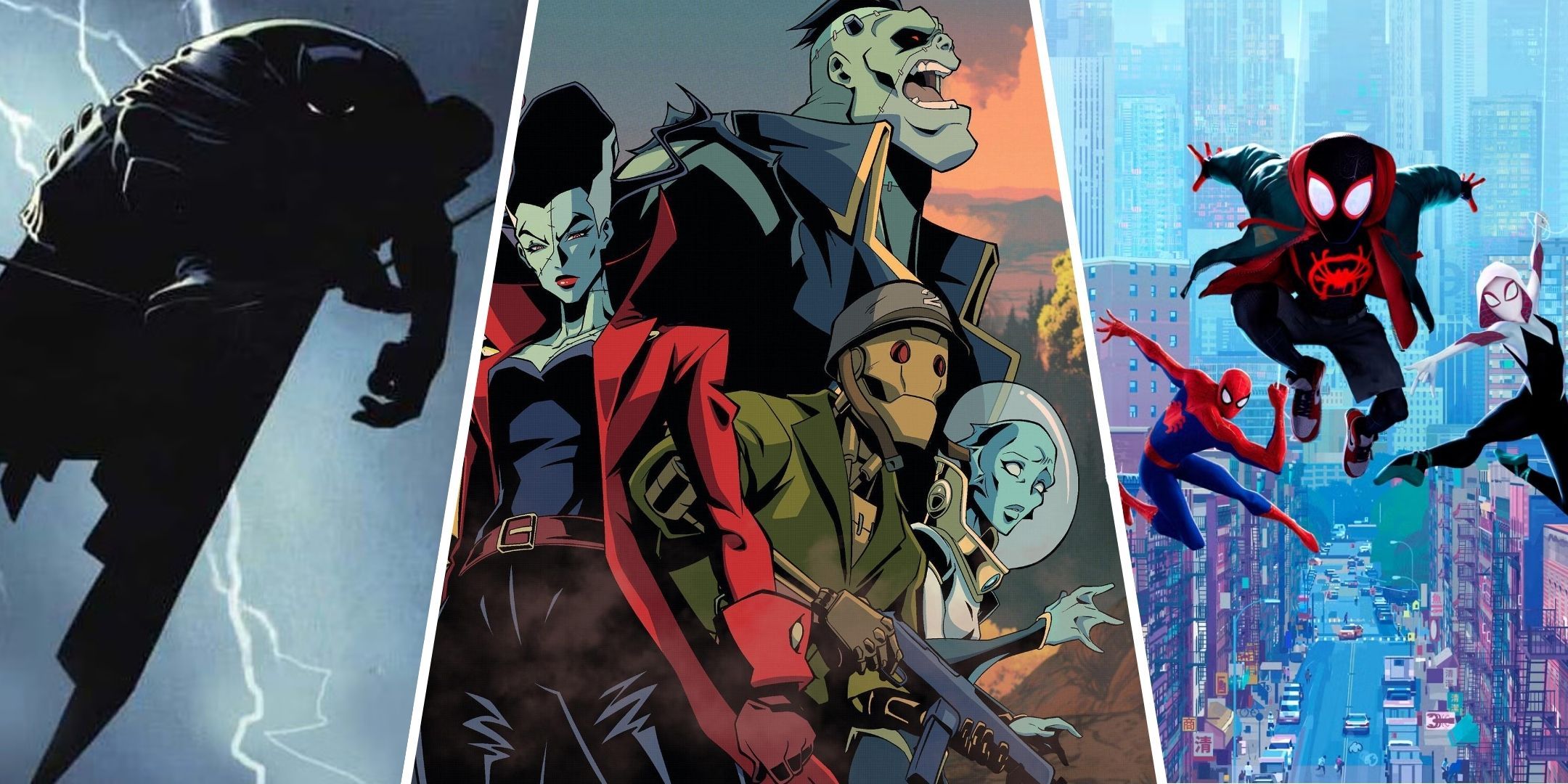 Split image of Batman: The Dark Knight Returns, Creature Commandos, and Spider-Man: Into the Spider-Verse.