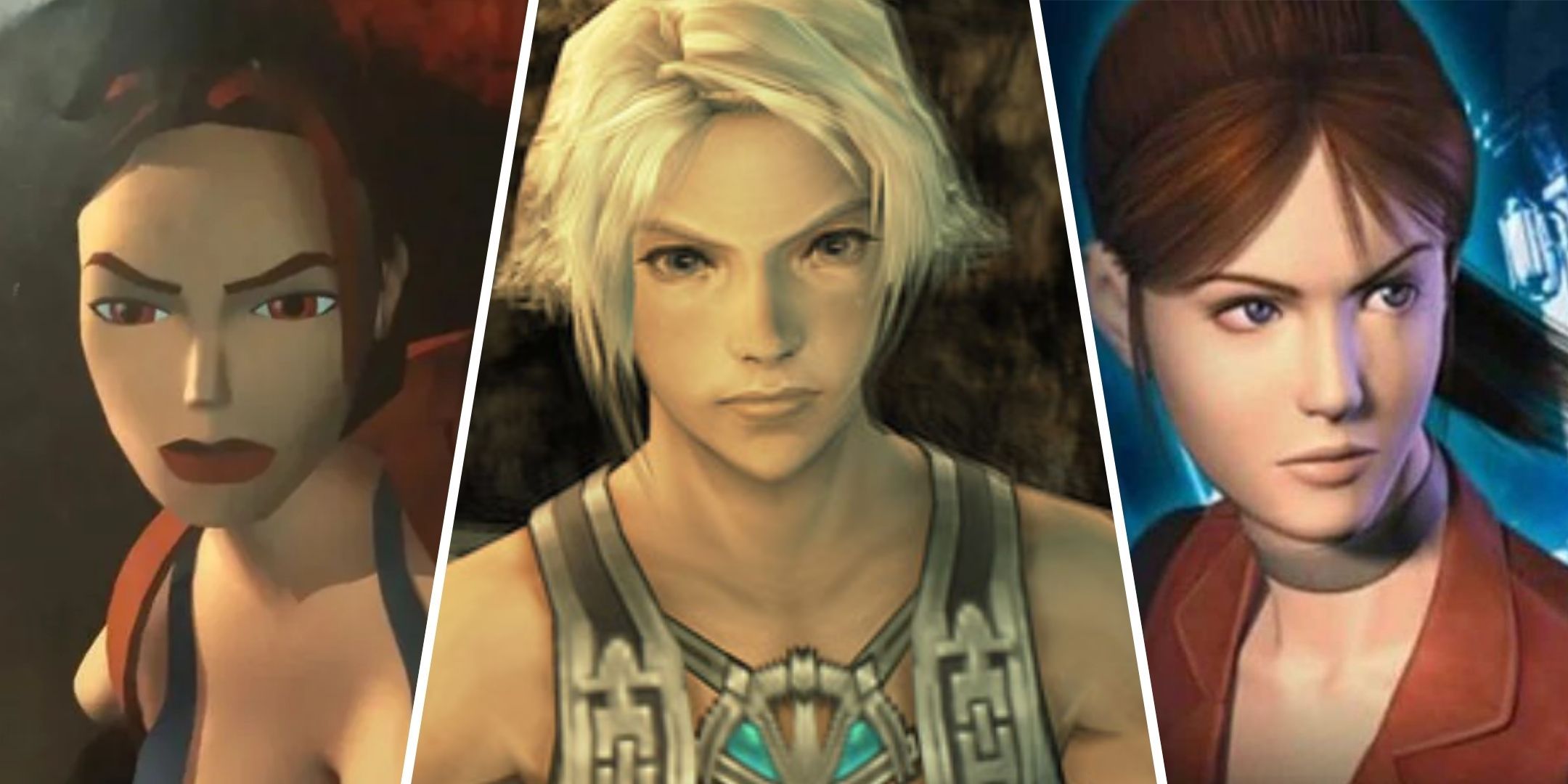 Split image of Lara Croft, Vaan and Claire Redfield.