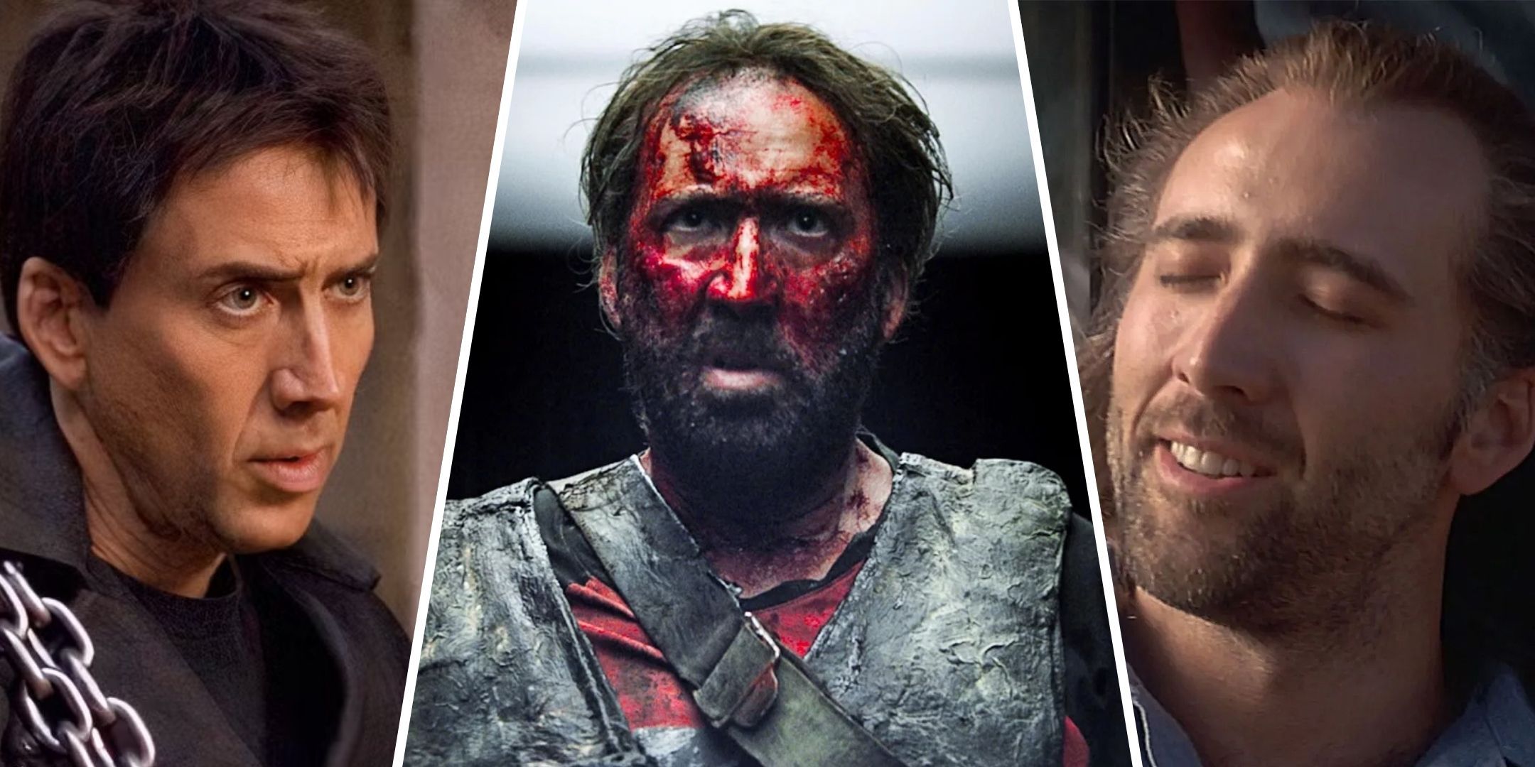 Split image of stills from various Nicolas Cage films.