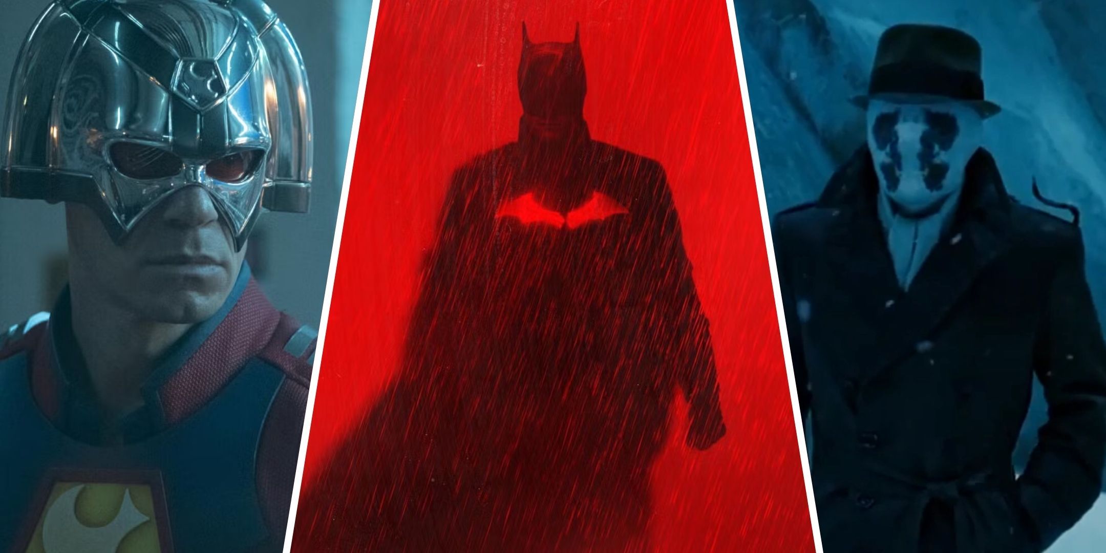 Split image of Peacemaker, The Batman, and Watchmen.