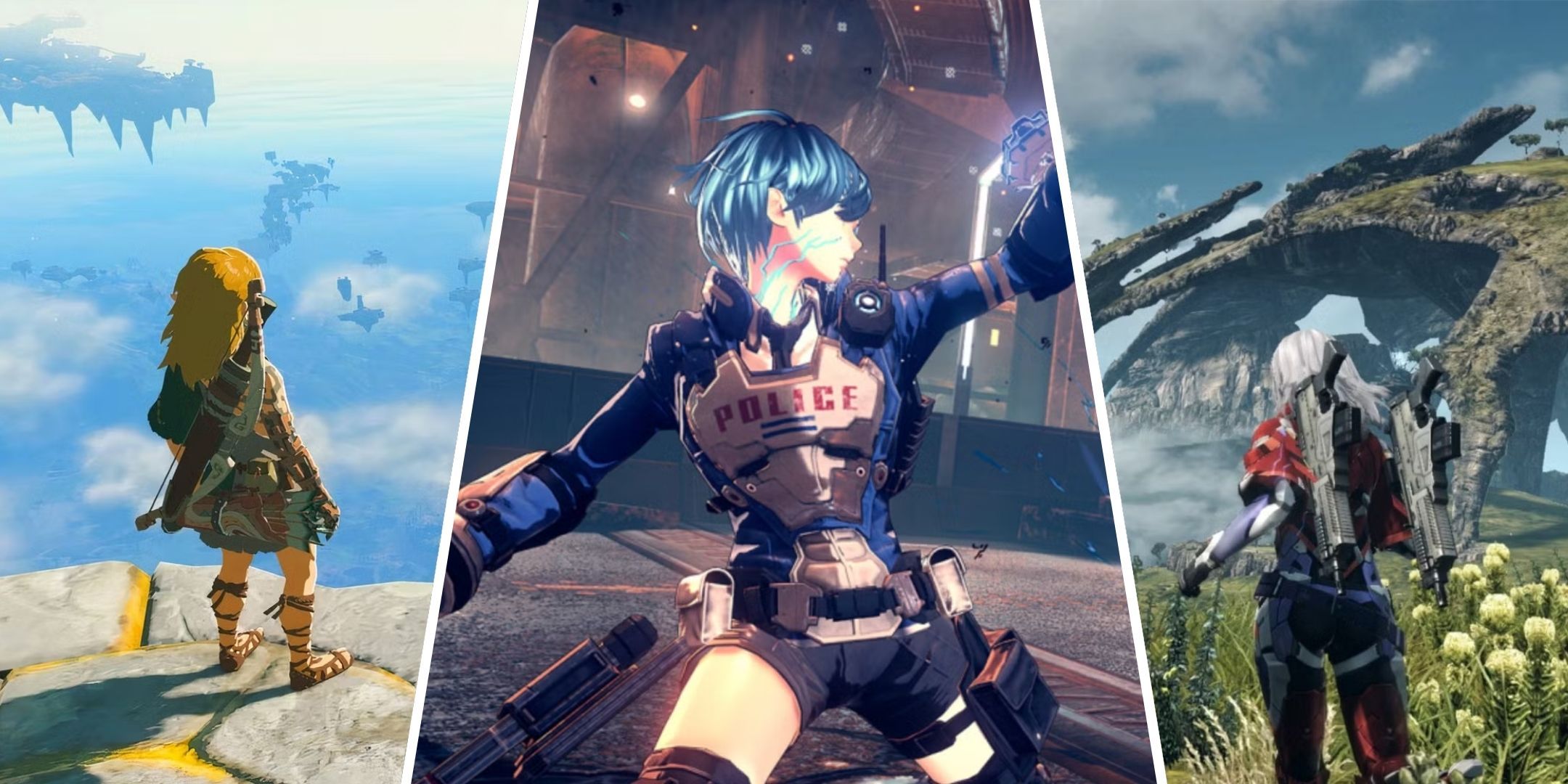 Split image of Tears of the Kingdom, Astral Chain, and Xenoblade Chronicles: Definitive Edition.