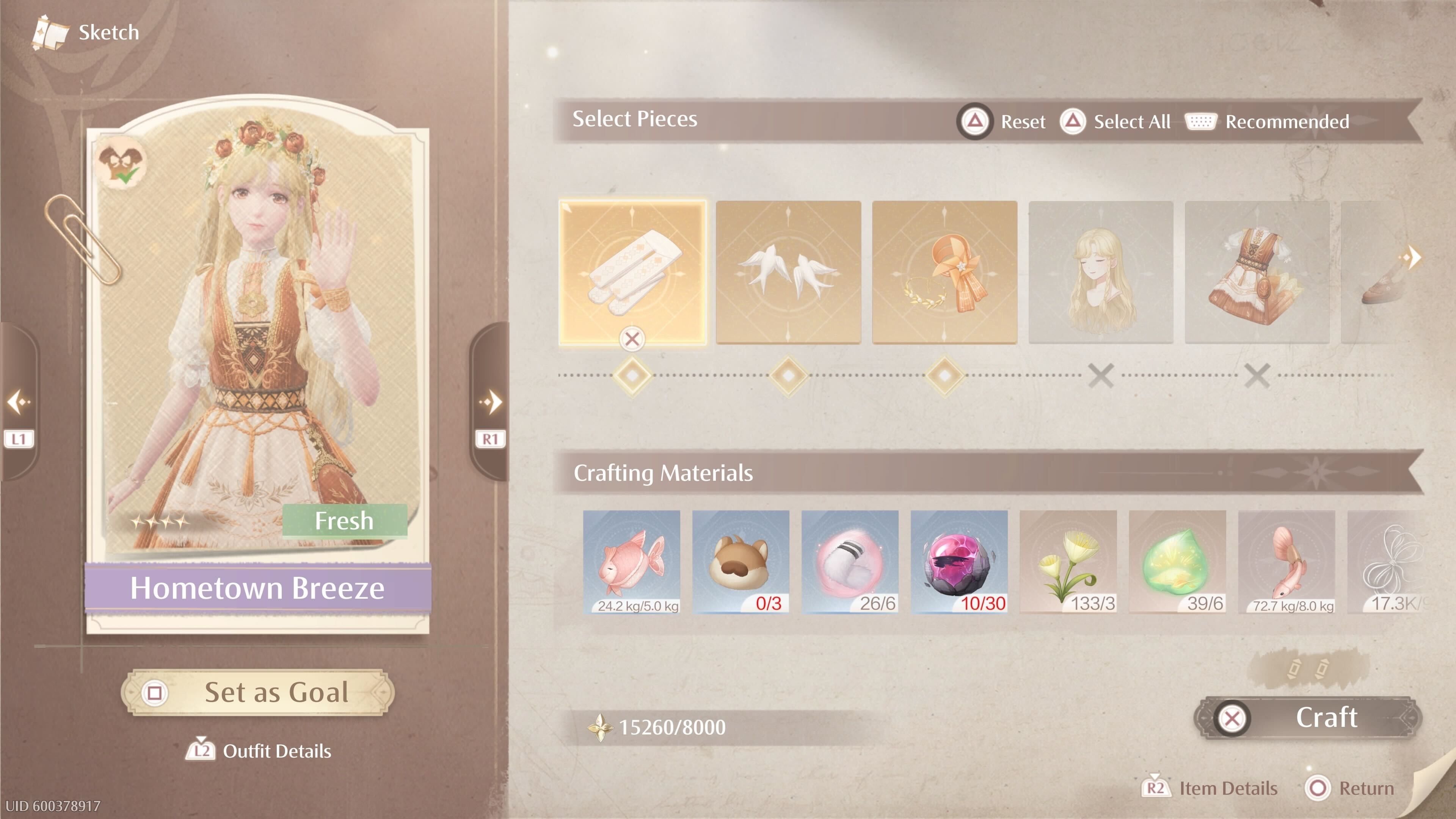 Crafting the Hometown Breeze Stylish Outfit after getting it from Kilo the Cadenceborn in Infinity Nikki.