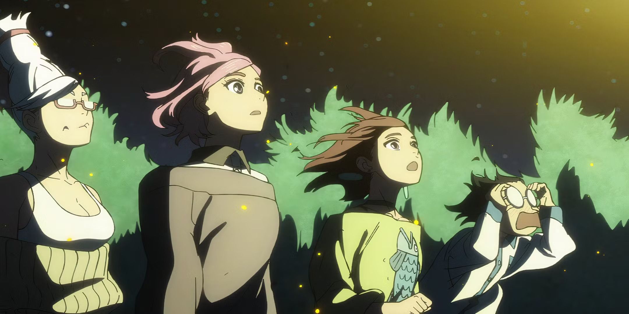 Momo, Okarun And Aira looking at a UFO in Dandadan.