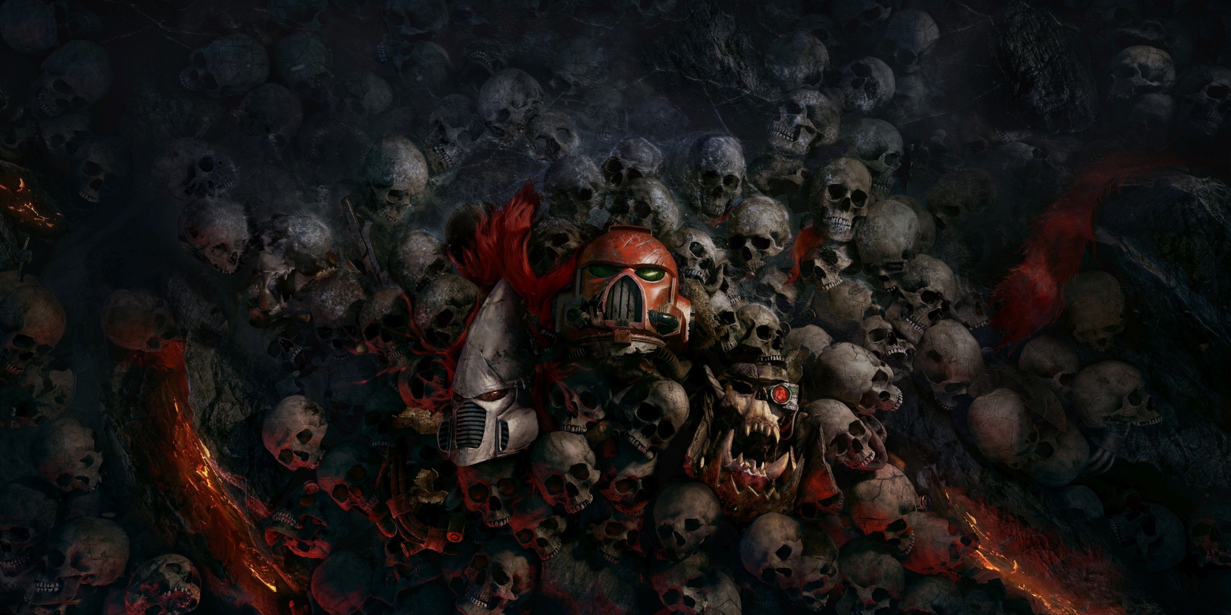 dawn of war 3 promotional poster showing a mound of skulls and helmets