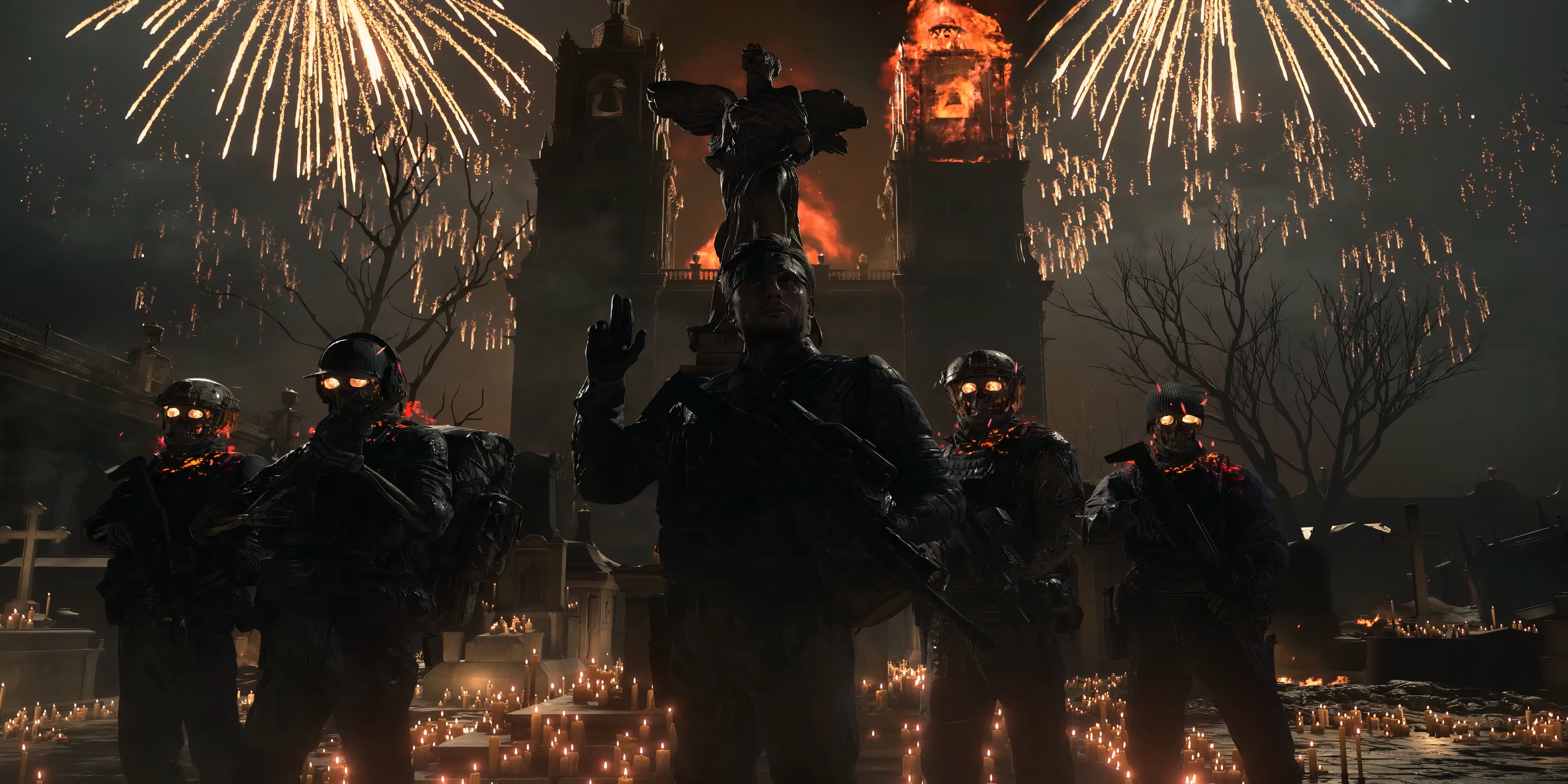 DEATH STRANDING 2 character that looks like solid snake in front of hundreds of candles, a burning building, and fireworks.