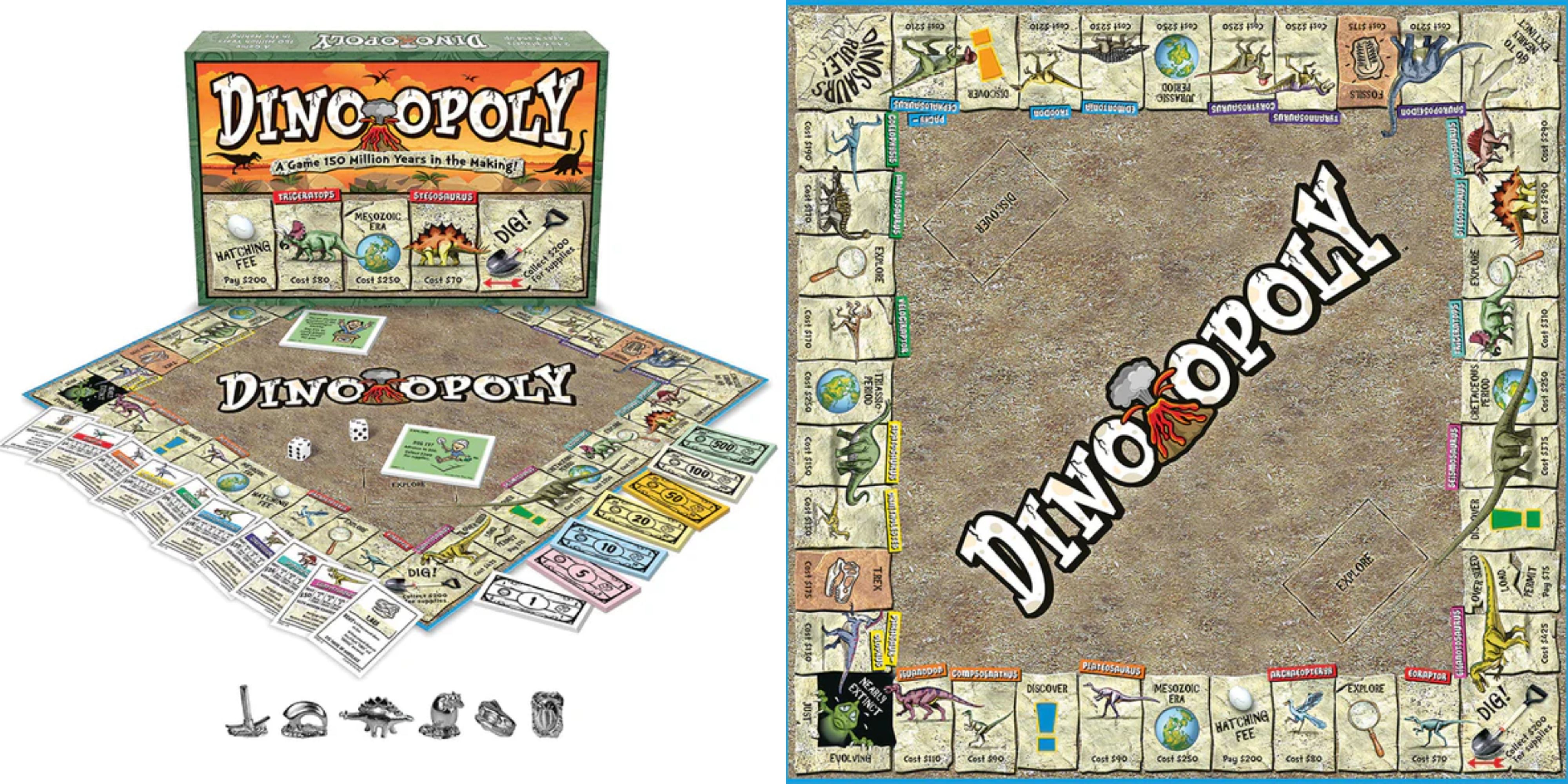 Dino-Opoly features a dinosaur-themed Monopoly board.