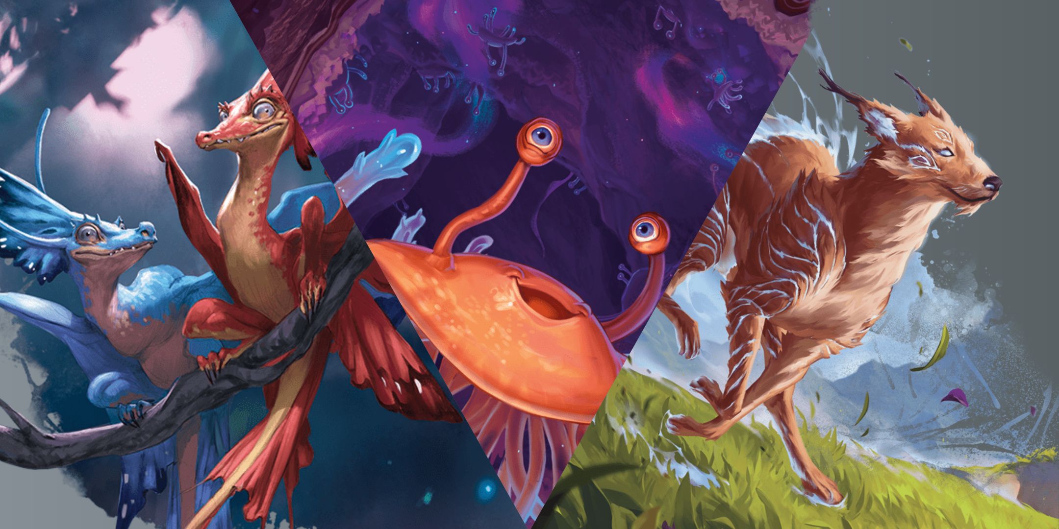 Dungeons &amp; Dragons, Featured Image. A set of Faerie Dragons, a Flumph, and a Blink Dog.