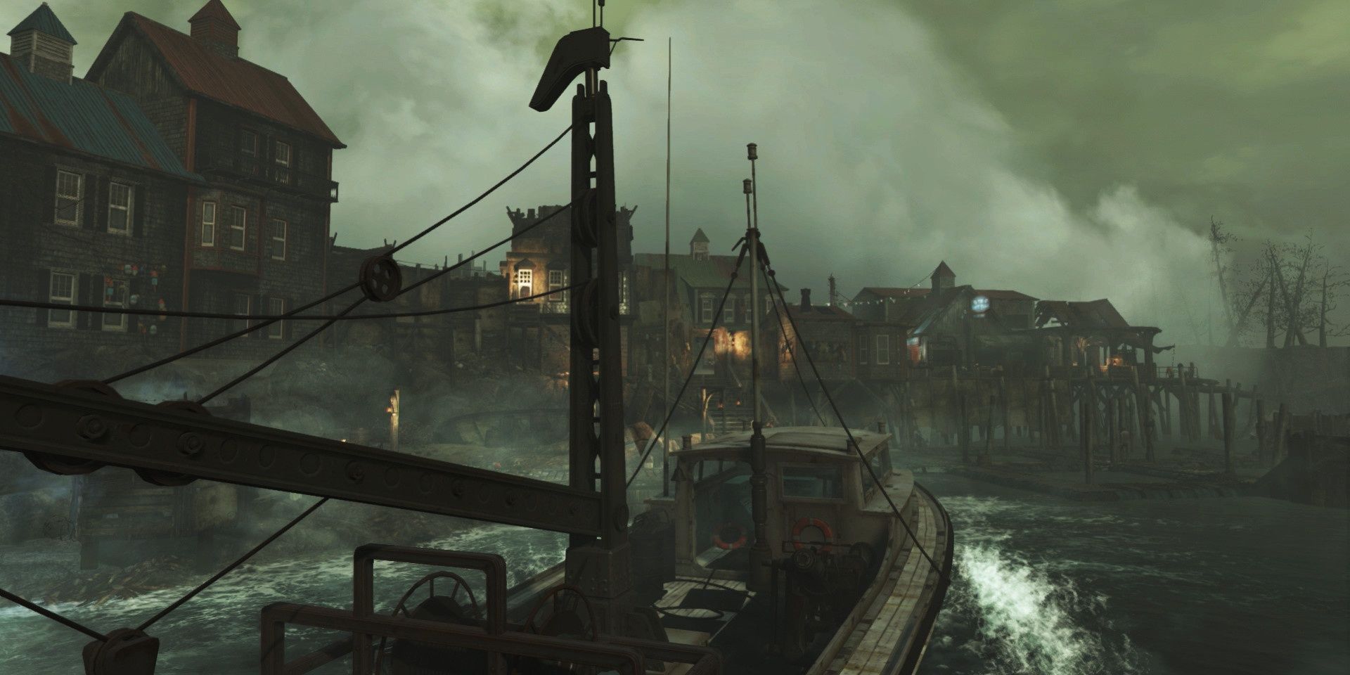 Sailing into the haunted port of Far Harbor in Fallout 4.