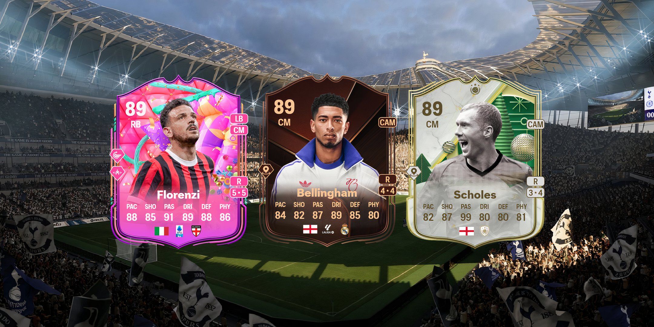 Florenzi's, Bellingham's, and Scholes' cards in EA Sports FC 25.