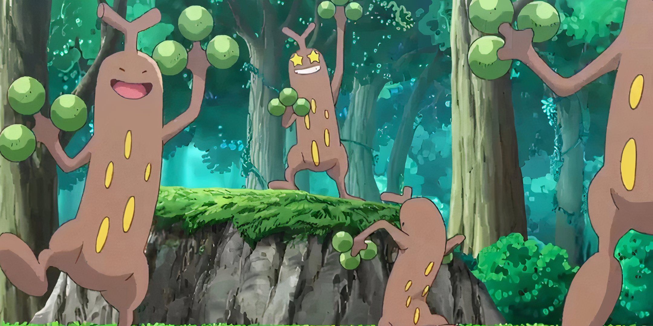 four sudowoodo dancing in a forest.