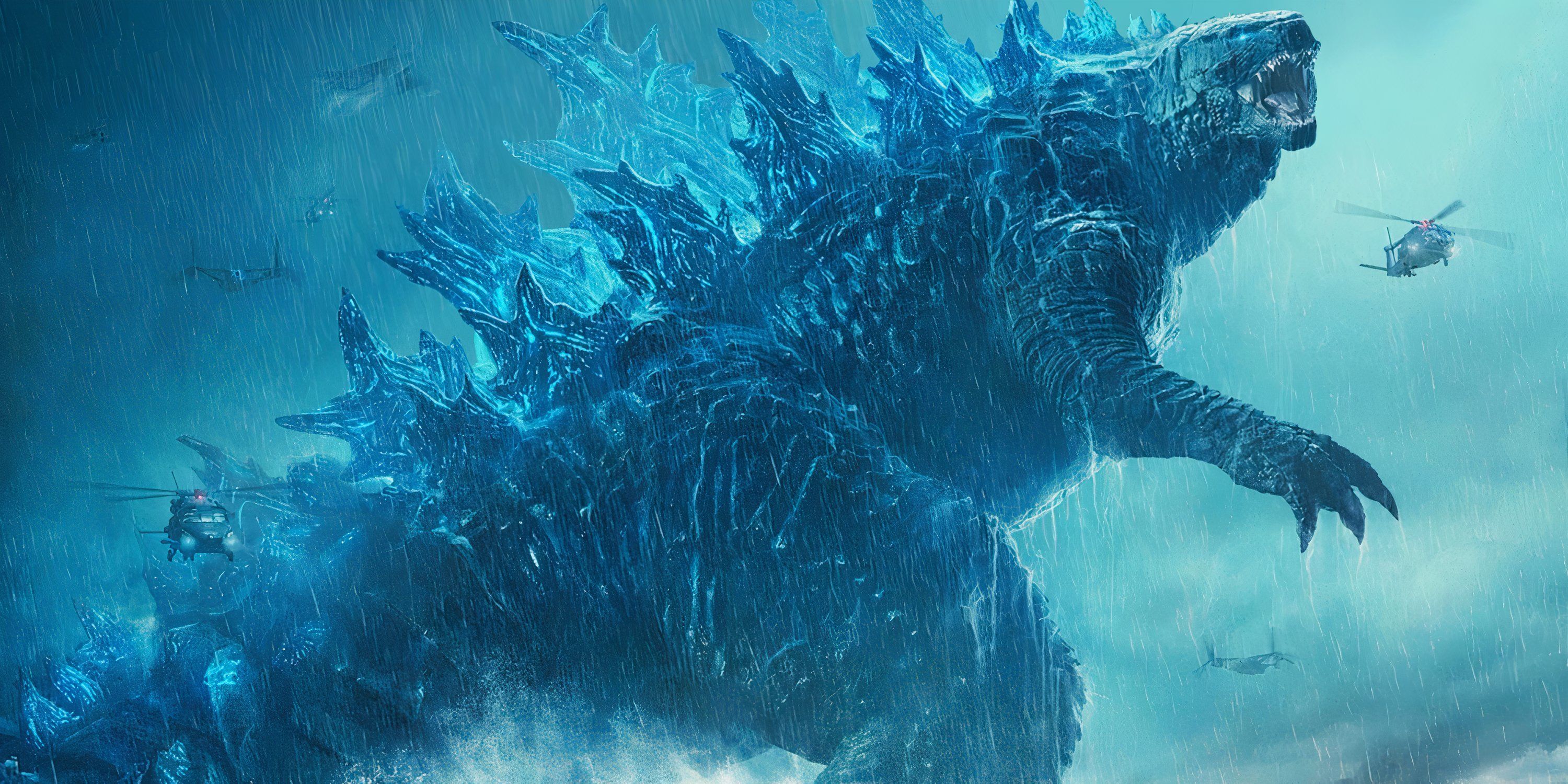 Godzilla roars while glowing in a blue light in King of the Monsters.