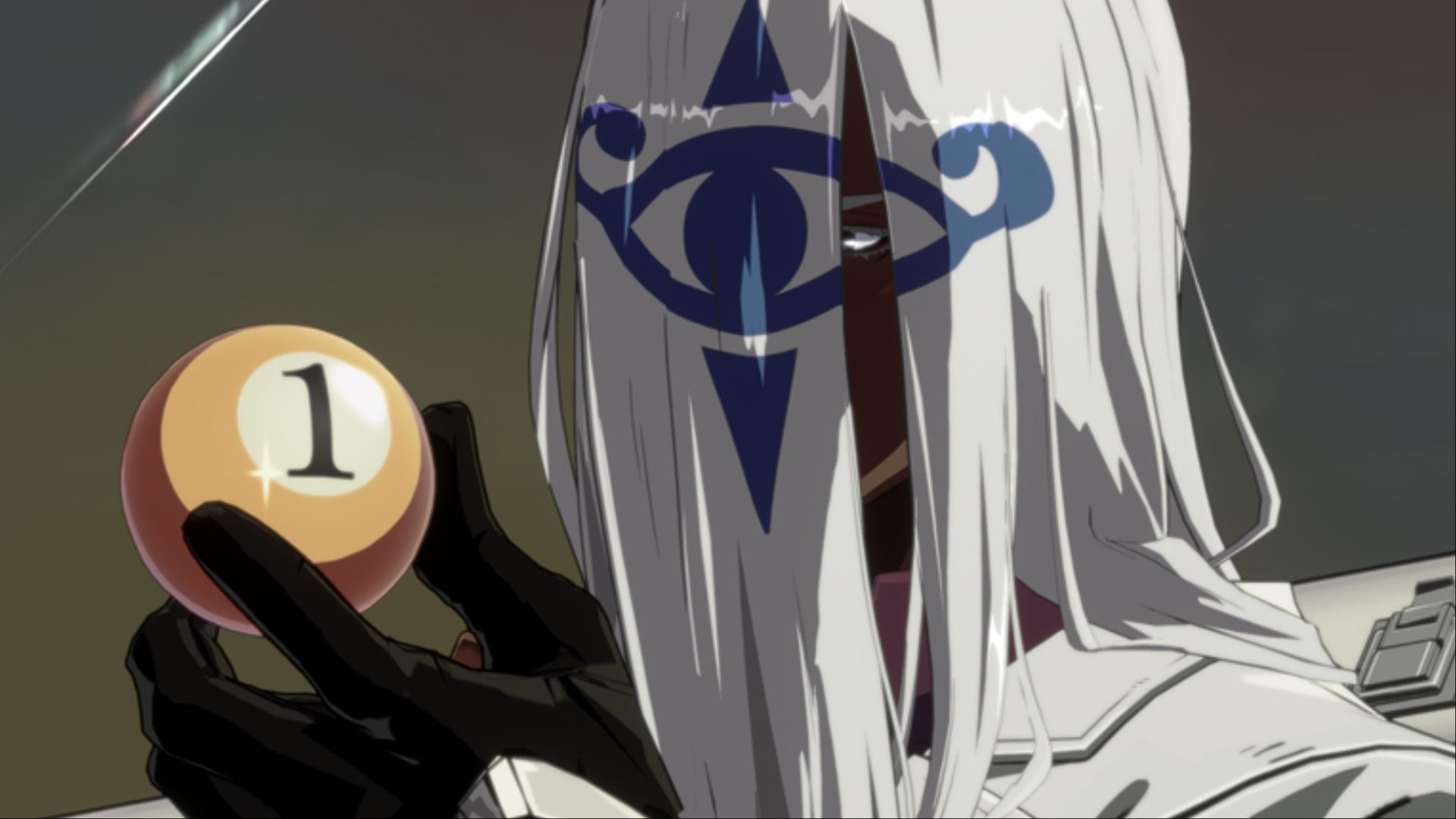 Venom looking intently at a billiard ball in Guilty Gear Strive.