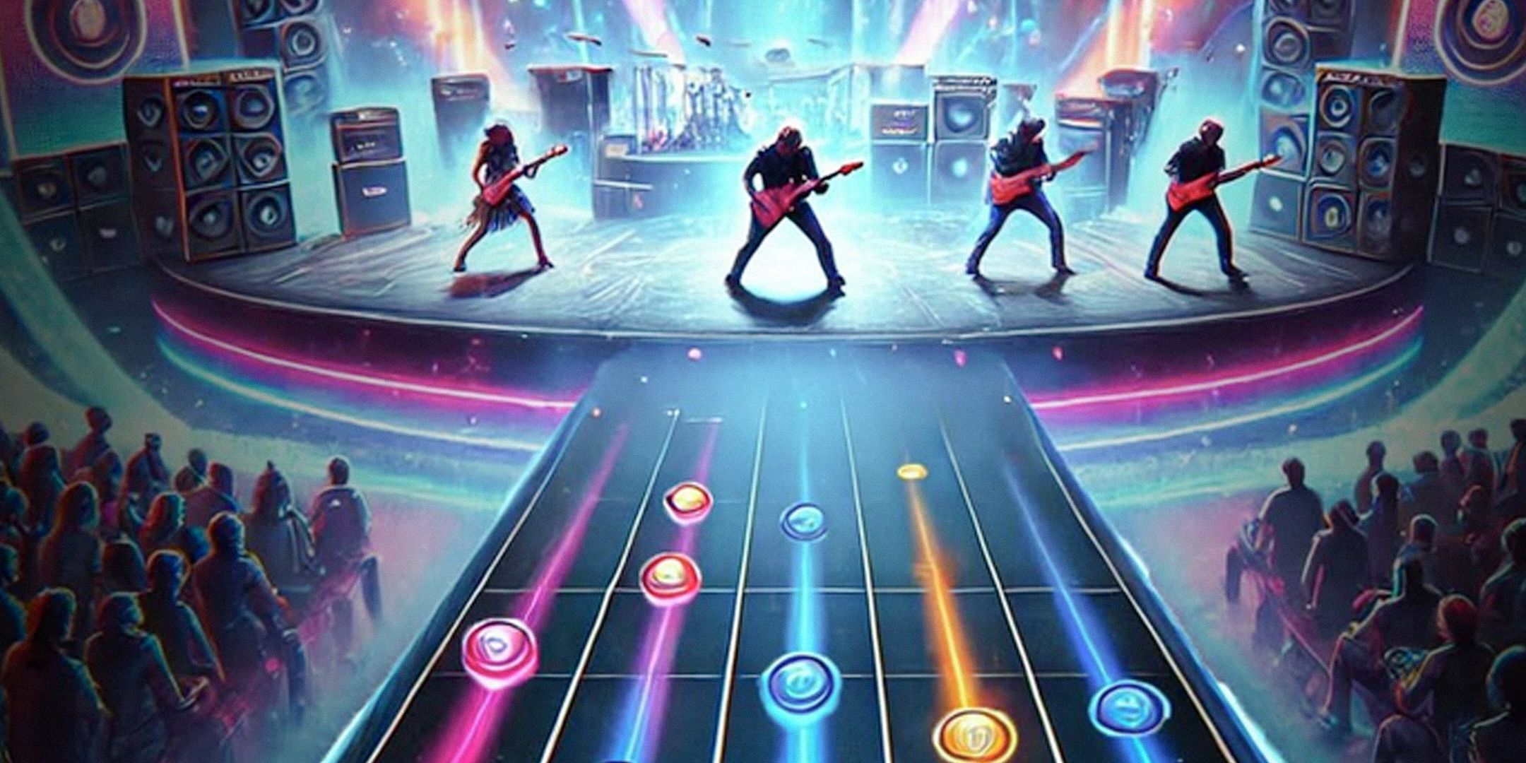 Guitar Hero Mobile Art showing four people on stage with five tracks underneath.-1