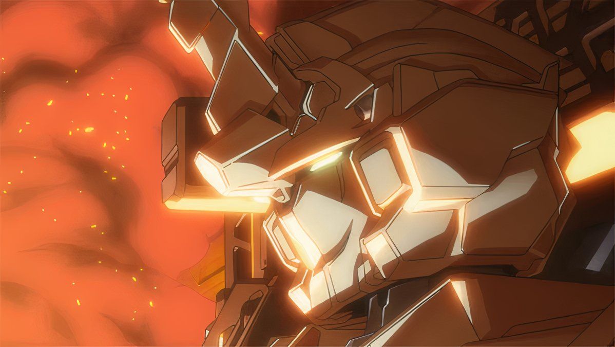 Gundam Unicorn seen against a reddish backdrop