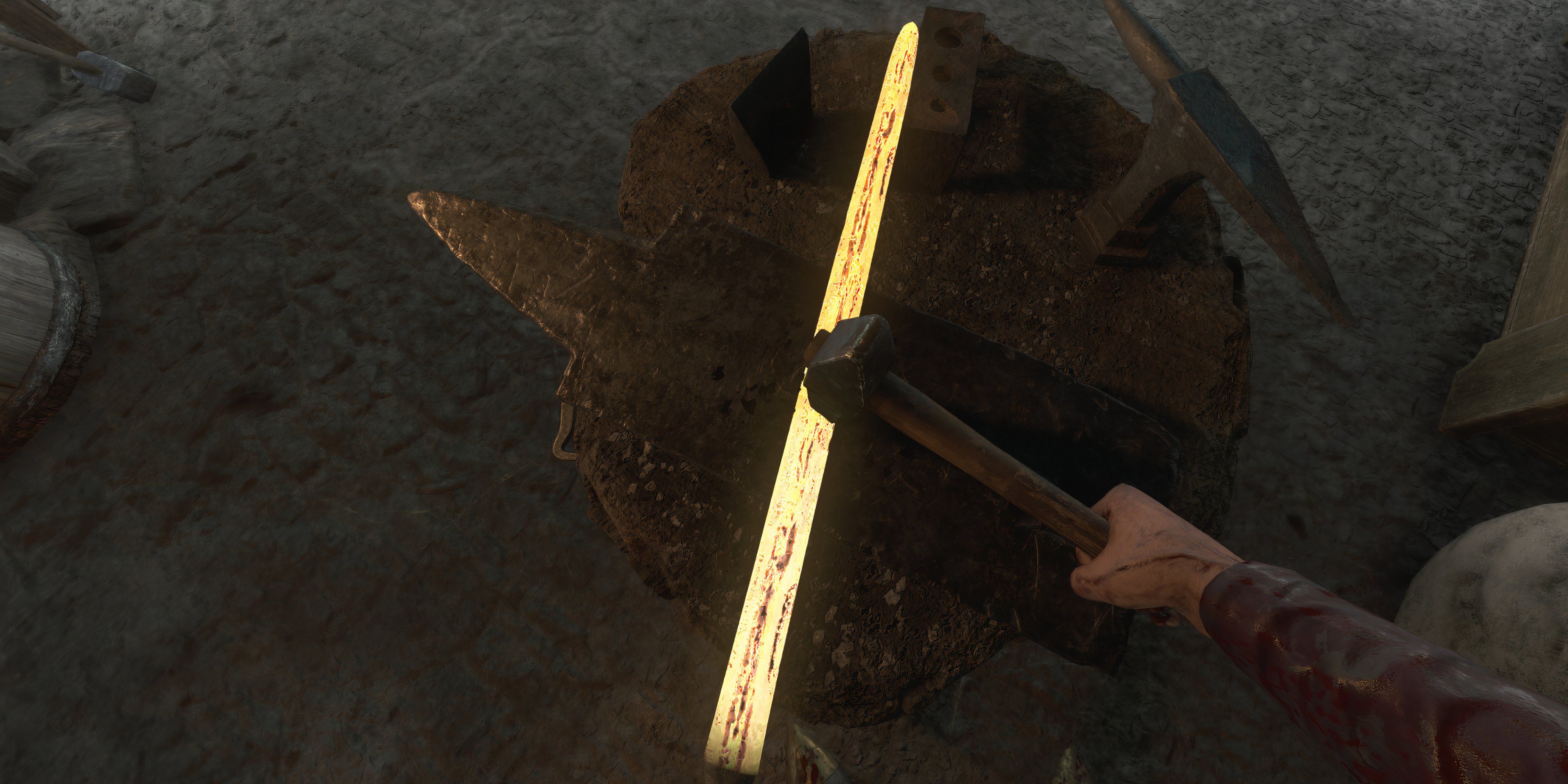 Henry is hammering a hot piece of metal sword in Kingdom Come: Deliverance 2.