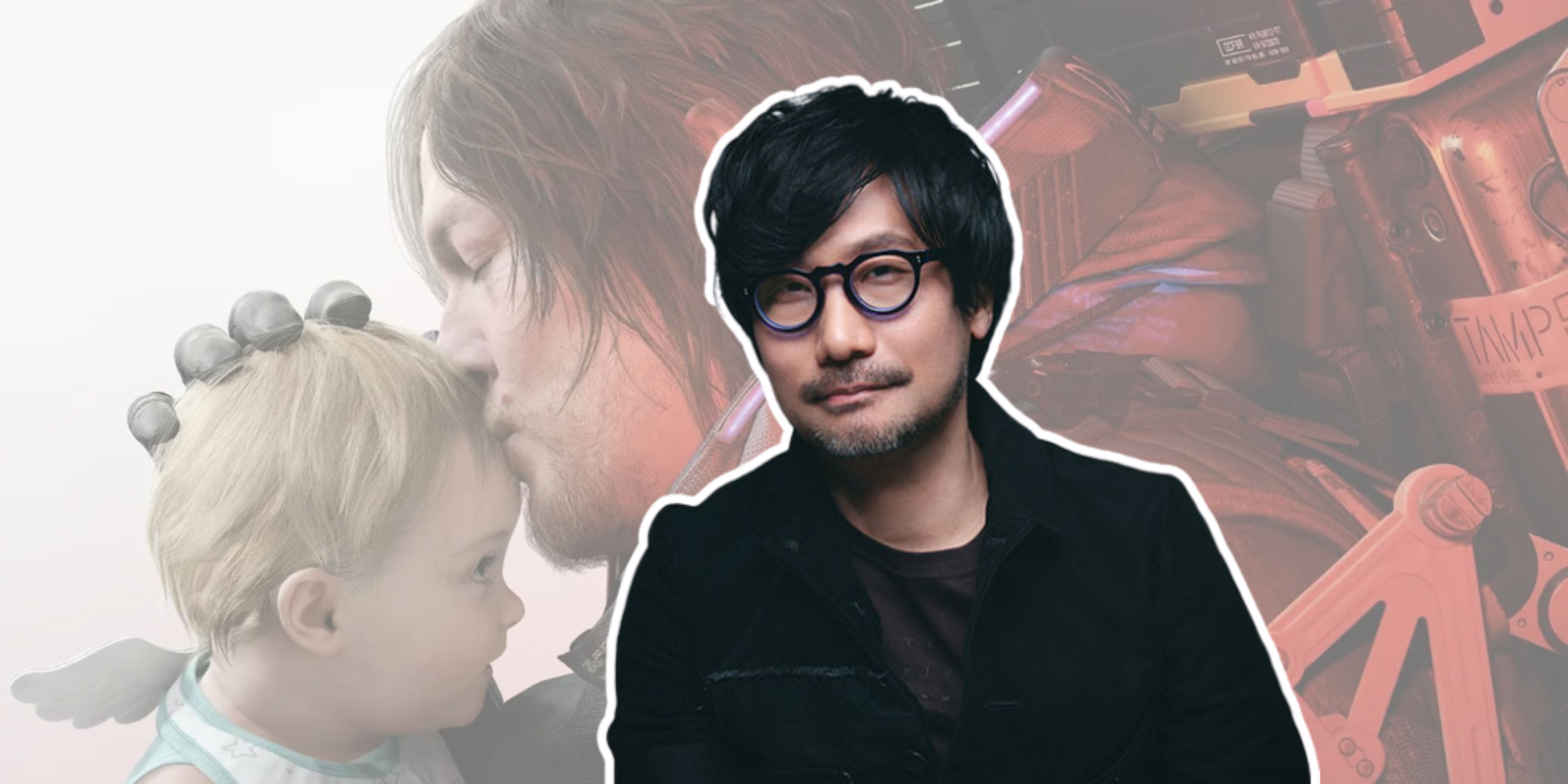 Hideo Kojima in front of Death Stranding 3 key art with Sam