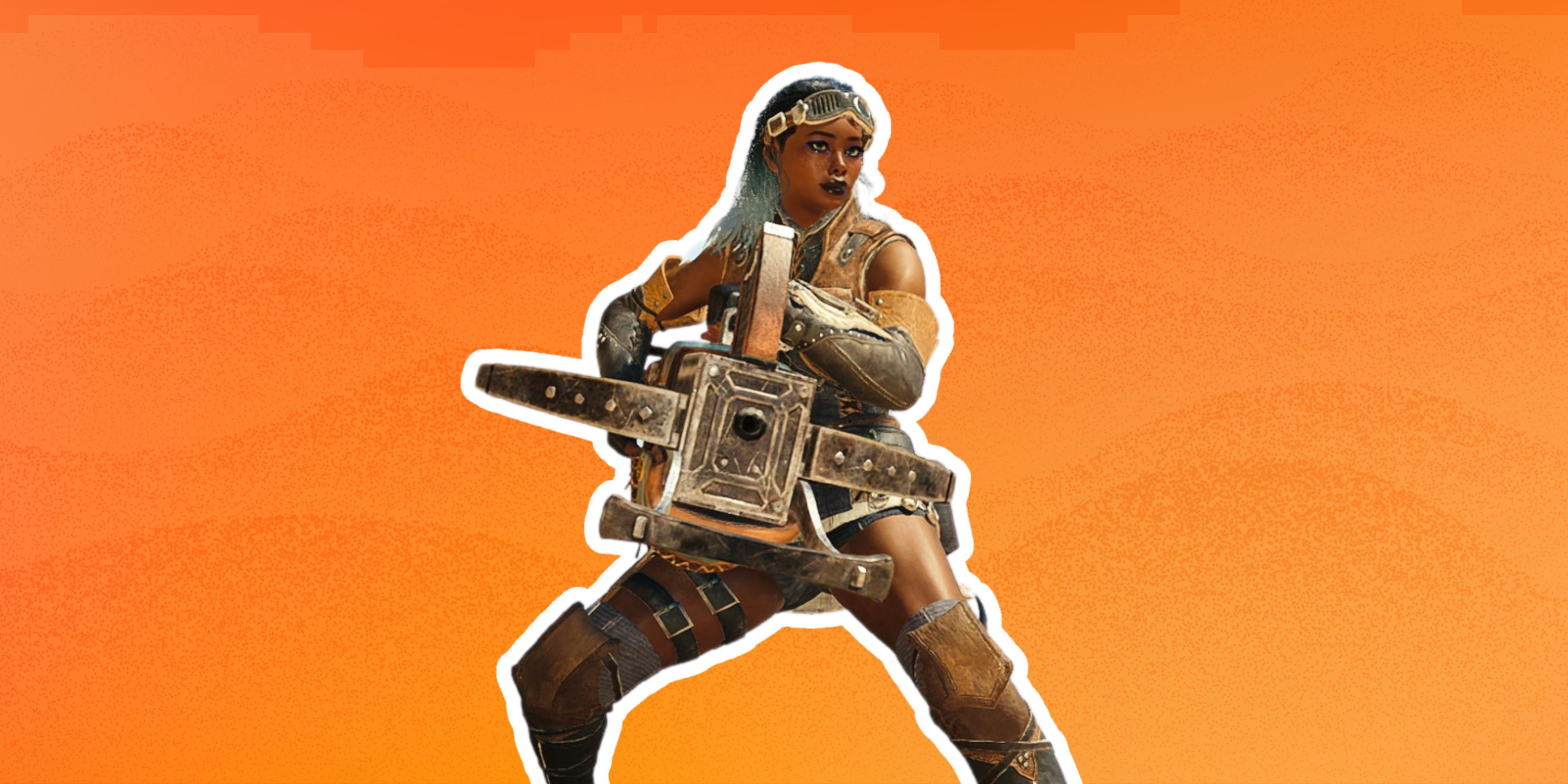 Hunter from Monster Hunter with light bowgun on orange background