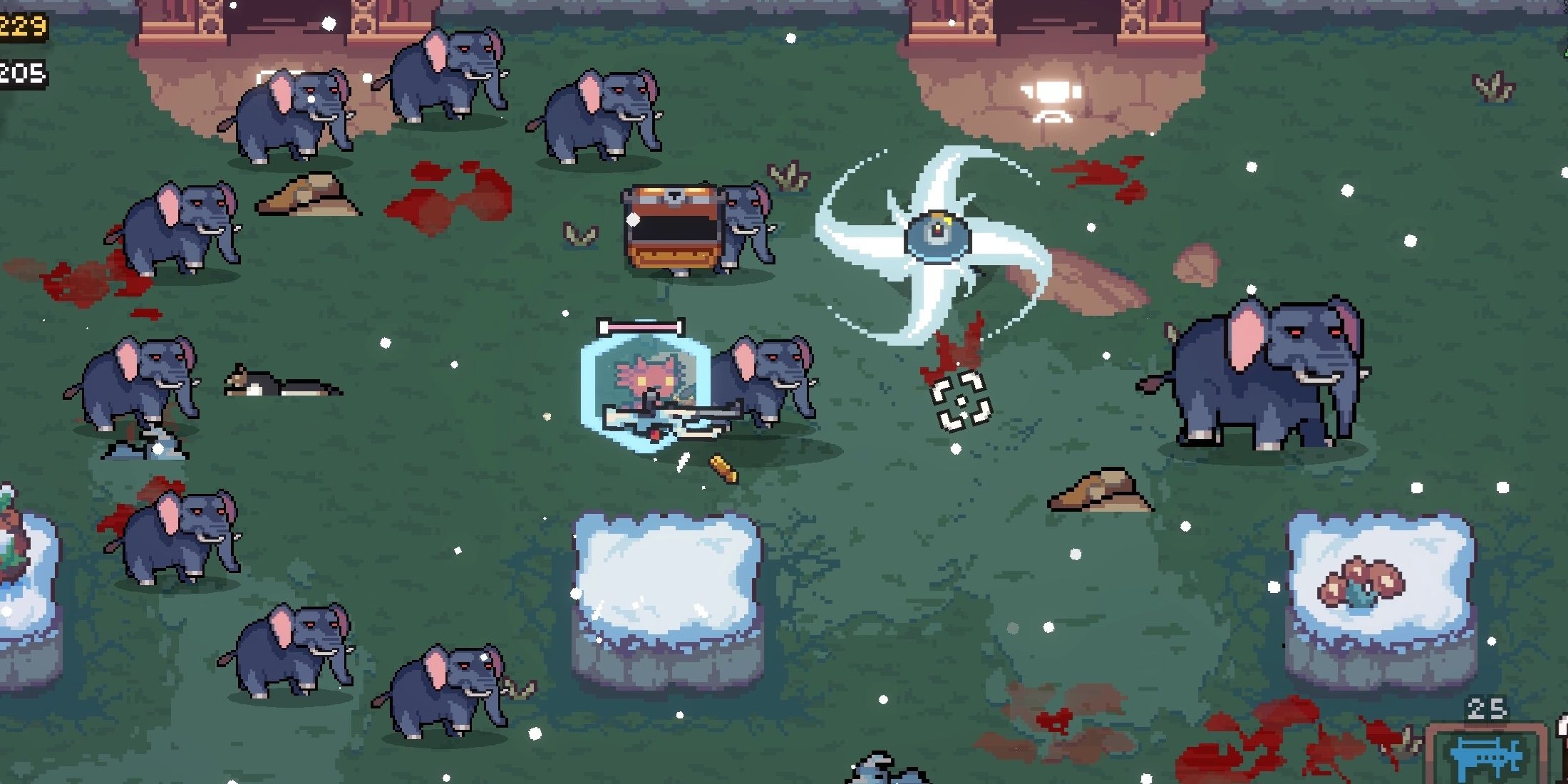 A red imp-looking axolotl surronded by a hexagonal shield wields a strange-looking, tusked sniper rifle a big elephant walks to the right and smaller elephants form a circle on the left in AK-xolotl.