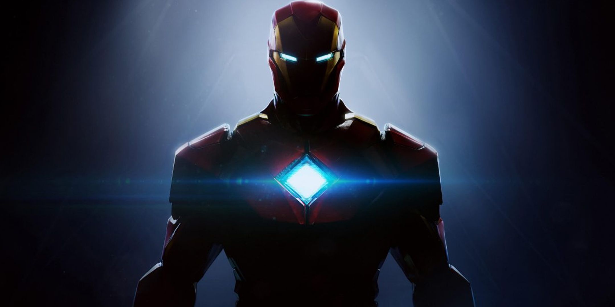 Iron Man in the dark over a blue background.