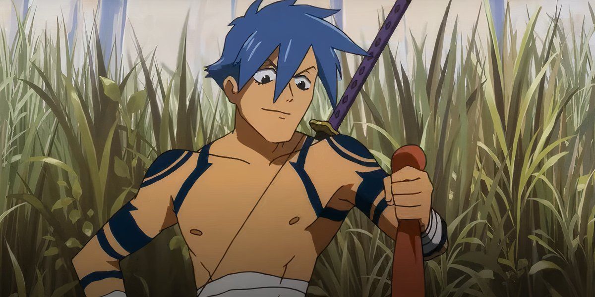 Kamina picked up food items from Guren Lagann's lawn.