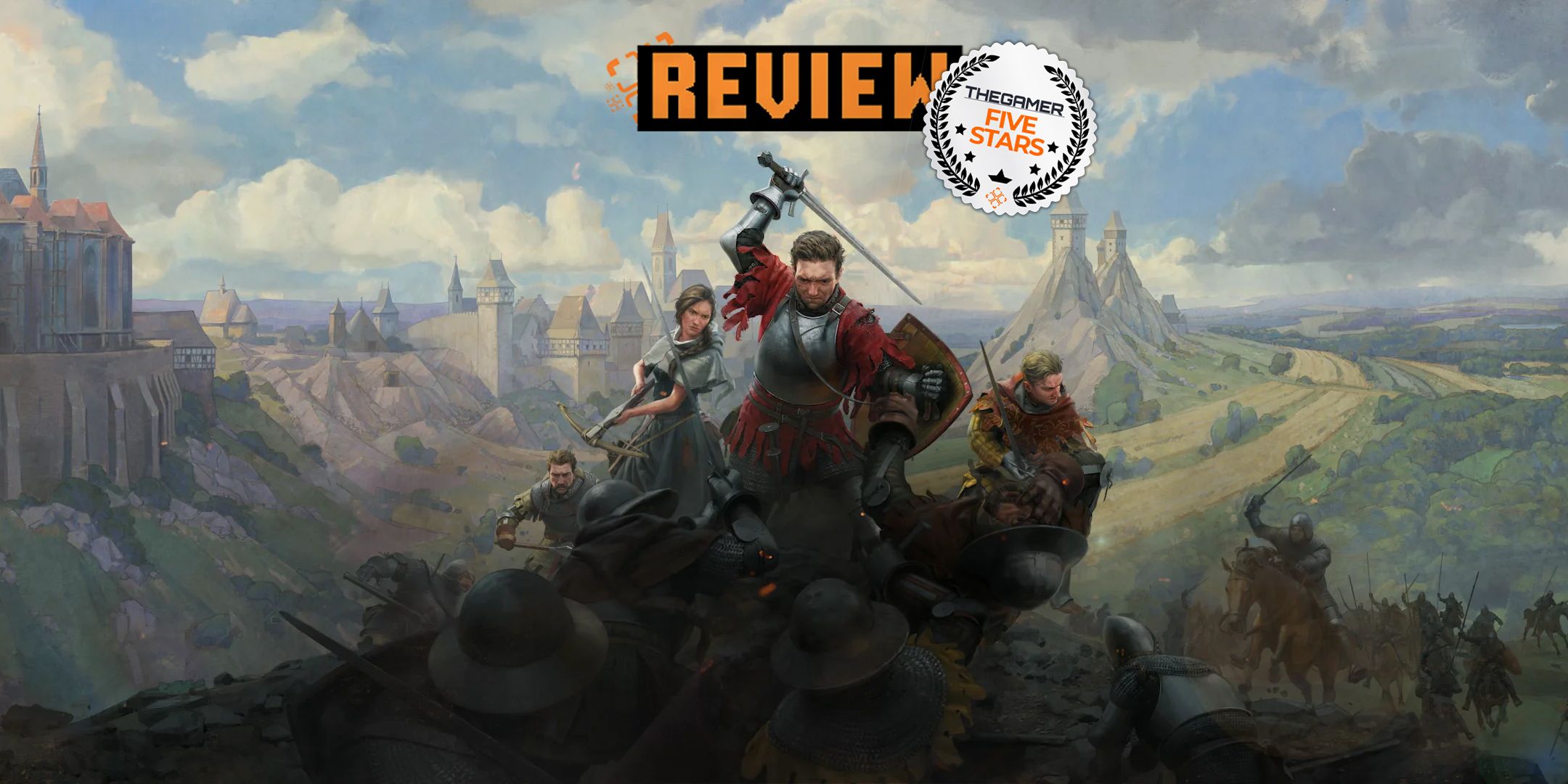 Kingdom Come Deliverance 2 characters in the middle of a fight with a five star review sticker on top.