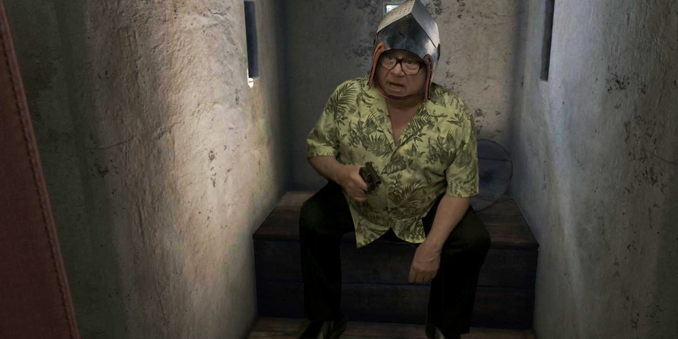 Danny DeVito sitting on a toilet in Kingdom Come: Deliverance 2 with a gun.