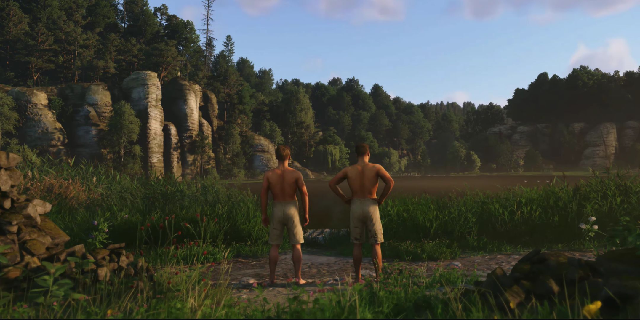 Hans and Henry about to go swimming in Kingdom Come: Deliverance 2.