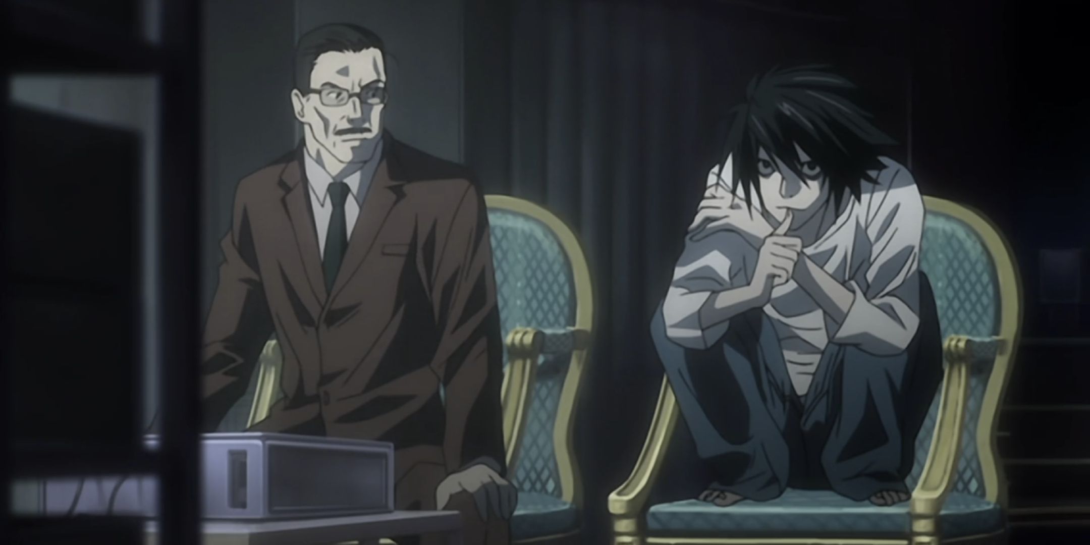 L and Soichiro Yagami watch Light through surveillance cameras in Death Note.