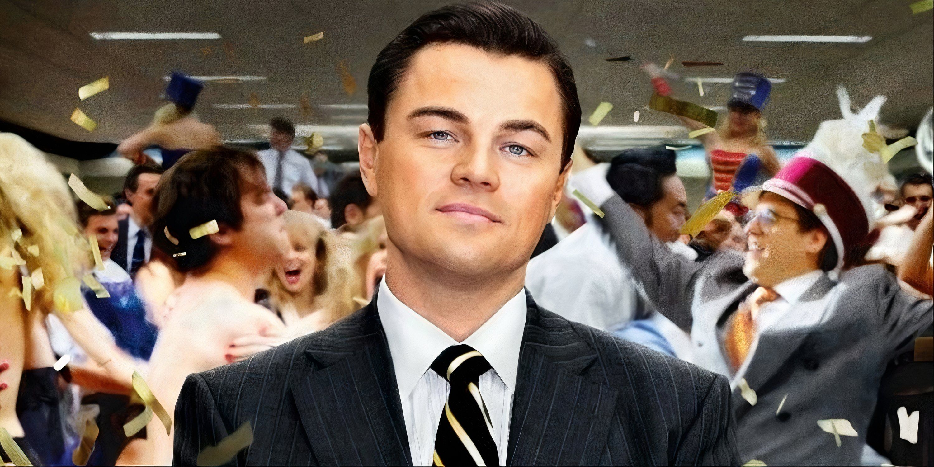 Leonardo DiCaprio as Jordan Belfort on the main art of Wolf of The Wall Street with pandemonium happening in the office in the background.