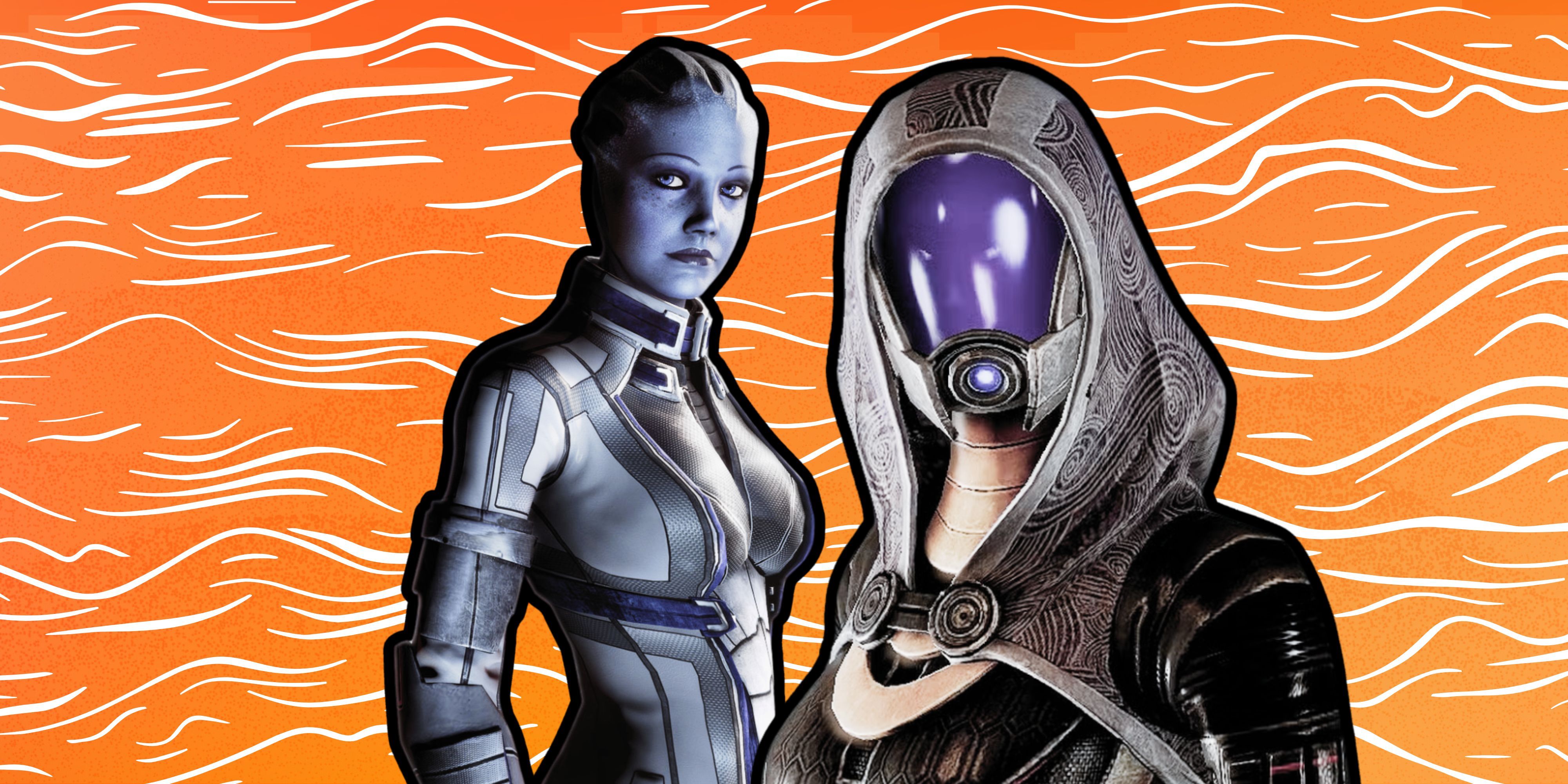 Liara and Tali from Mass Effect on an orange background