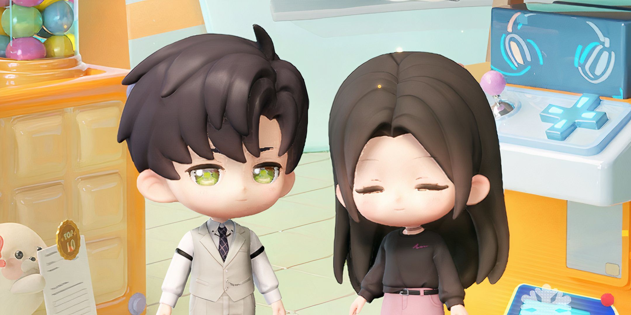 Love And Deepspace: An image of Zayne and the MC in chibi form.