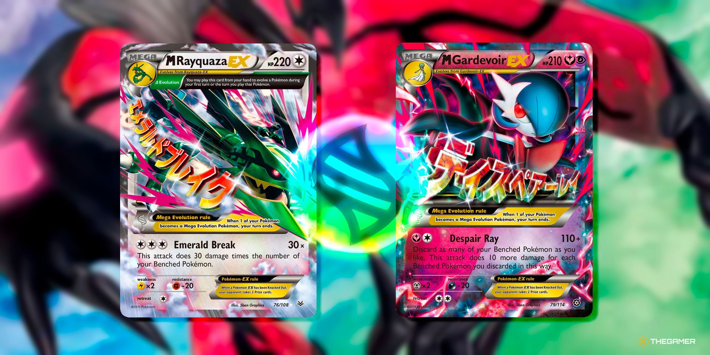 M Rayquaza-EX 76 From The Roaring Skies Set And M Gardevoir-EX 79 From Steam Siege Set Of The XY Era Of The Pokemon Trading Card Game On A Background Of Yveltal From XY Base Set.
