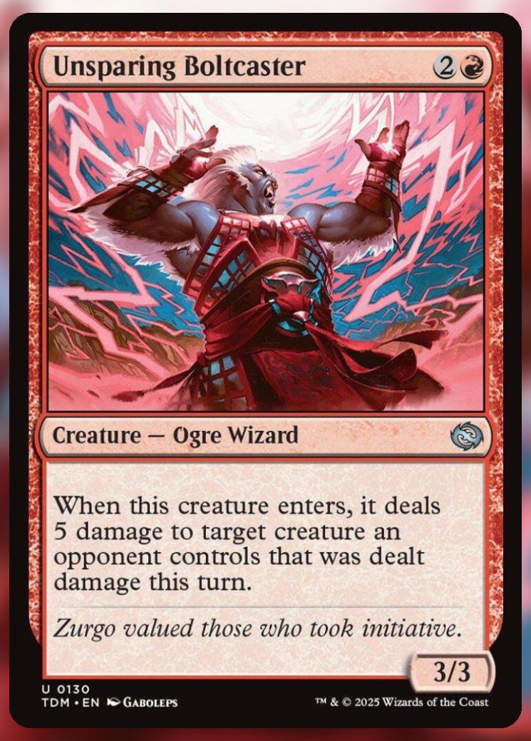 Magic The Gathering Unsparing Boltcaster Card.