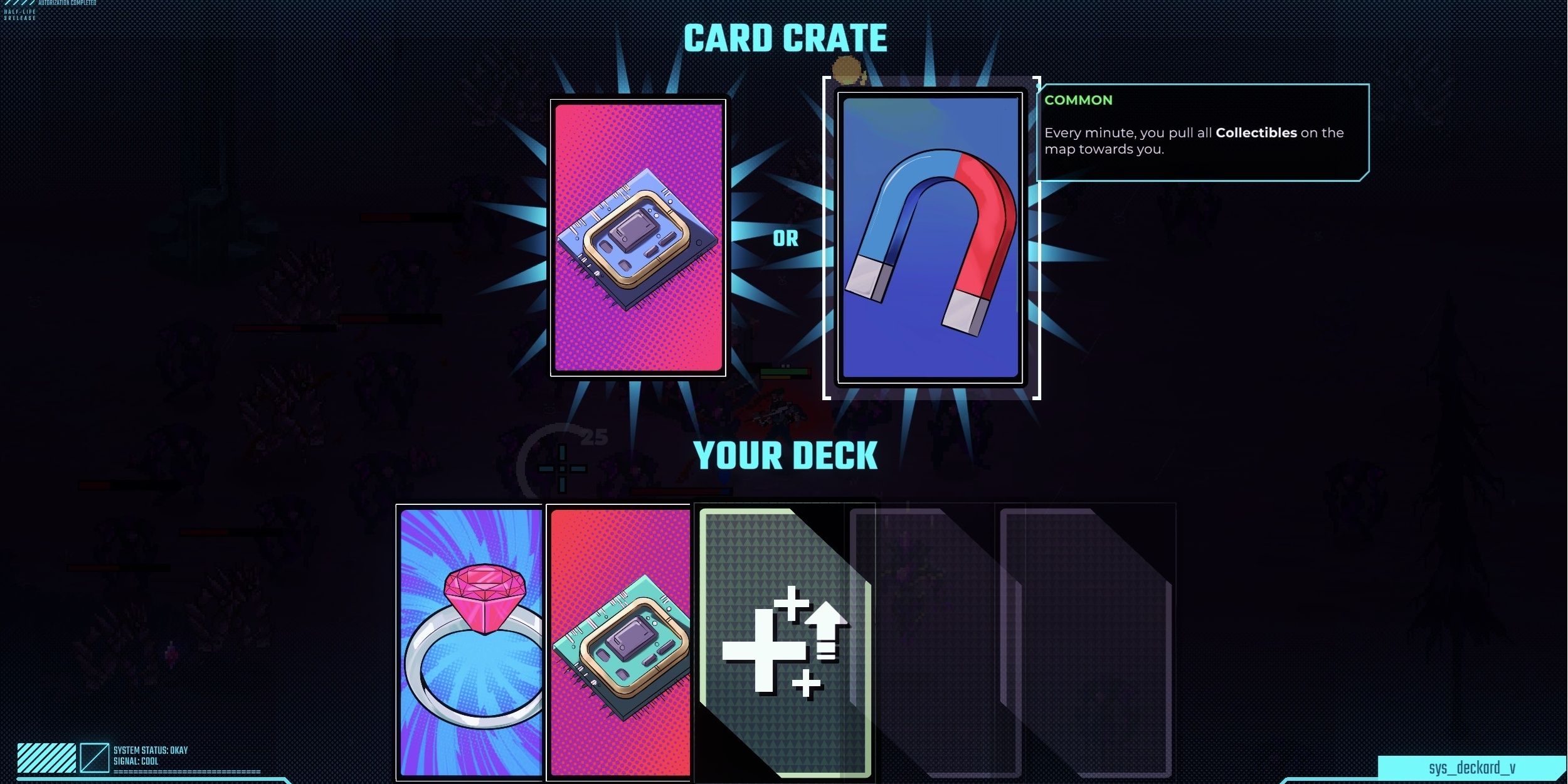 The Card Crate menu with two items on offer: a microchip (left) and a magnet (right) At the bottom is a hand of other cards in Sodaman.