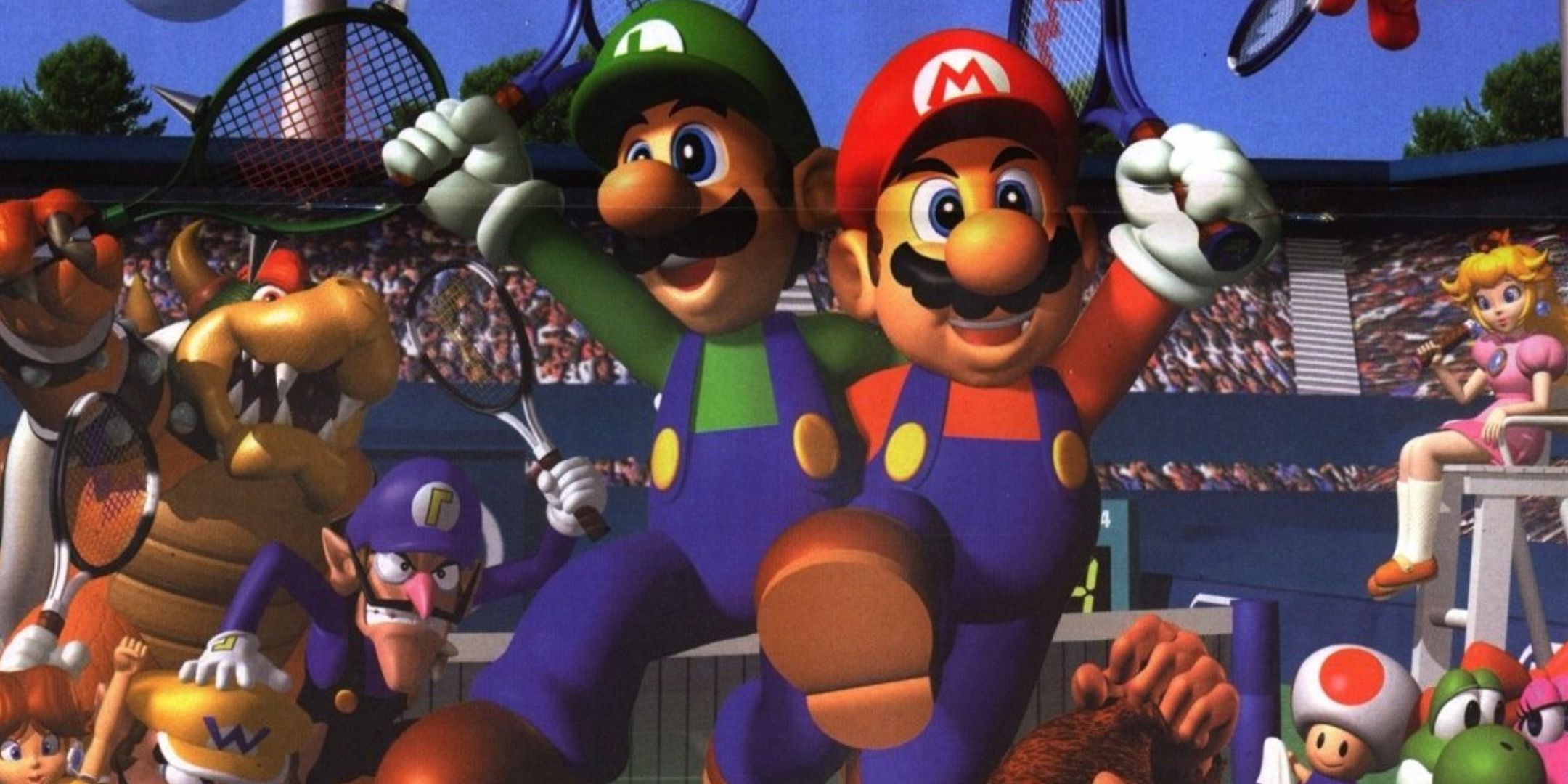 Mario Tennis promo art of Mario, Luigi, and other charcaters holding tennis rackets.