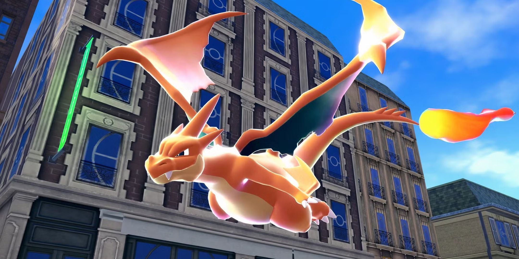 Mega Charizard flying through the streets of Lumiose City in Pokemon Legends Z-A.