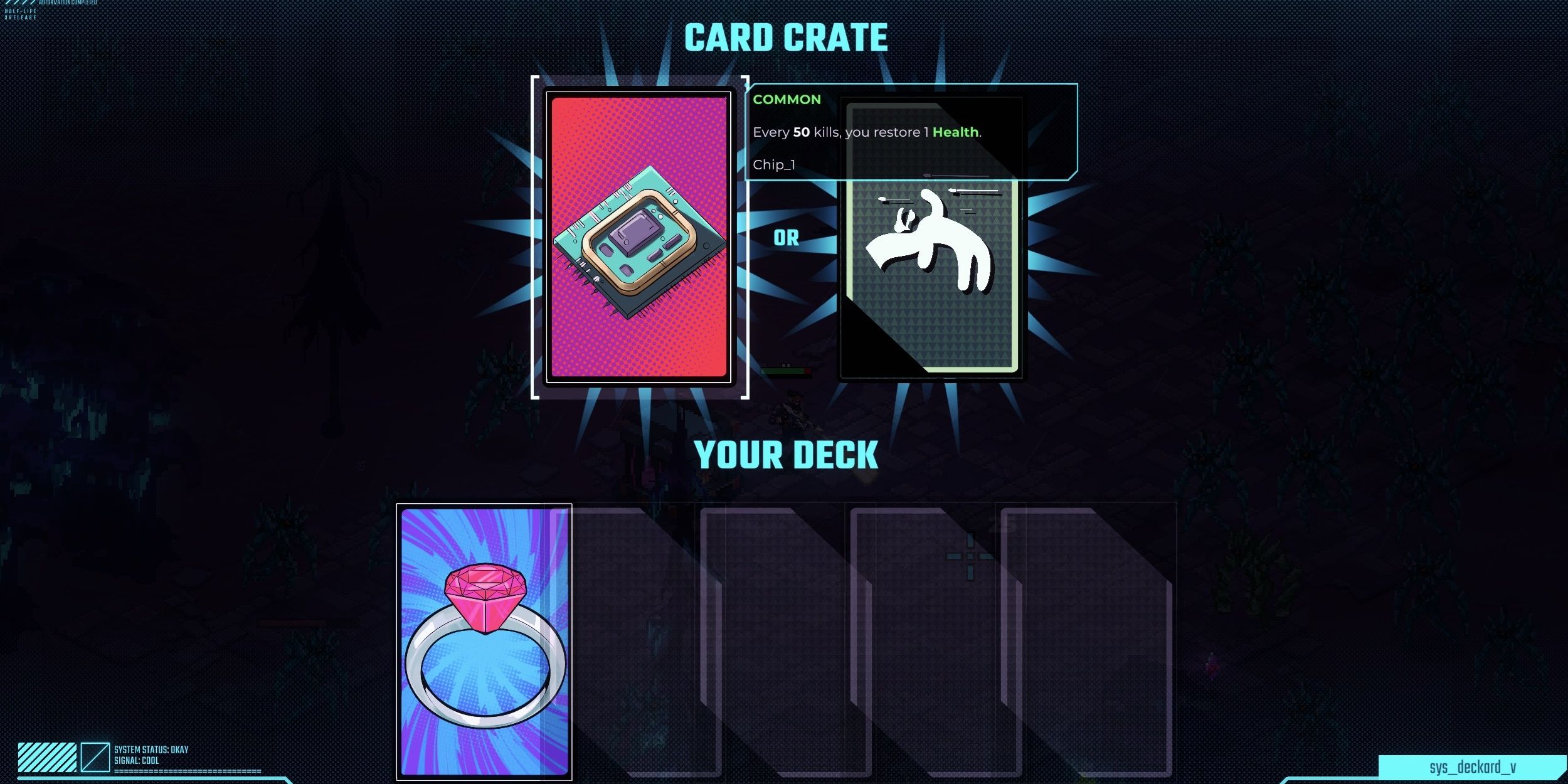 The Card Crate menu with two cards on offer: a microchip (left) and a figure dodging bullets (right). At the bottom is a hand of other cards in Sodaman.