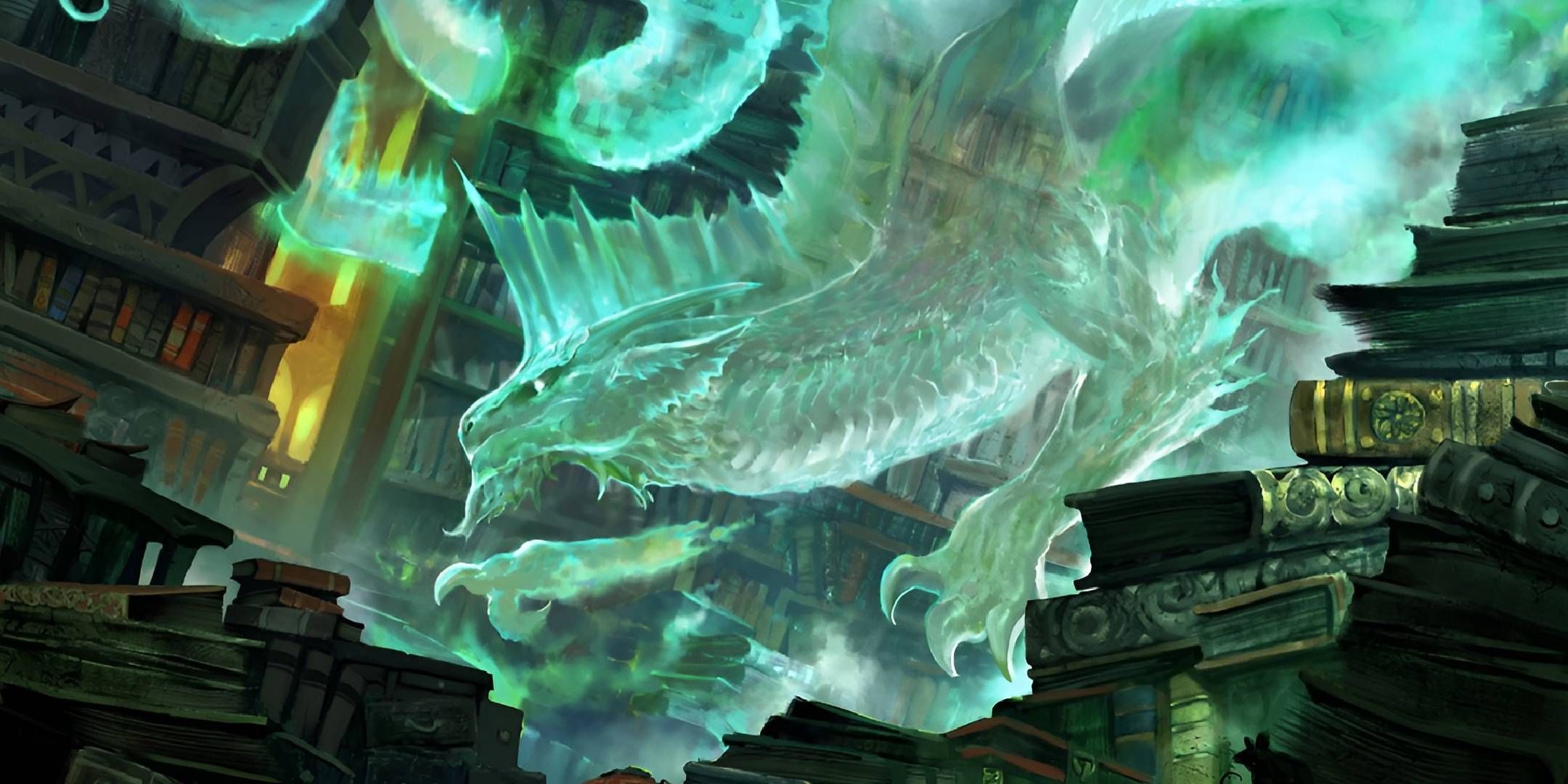 Miirym, a ghost Dragon, floats through the bookshelves of Candlekeep Library.