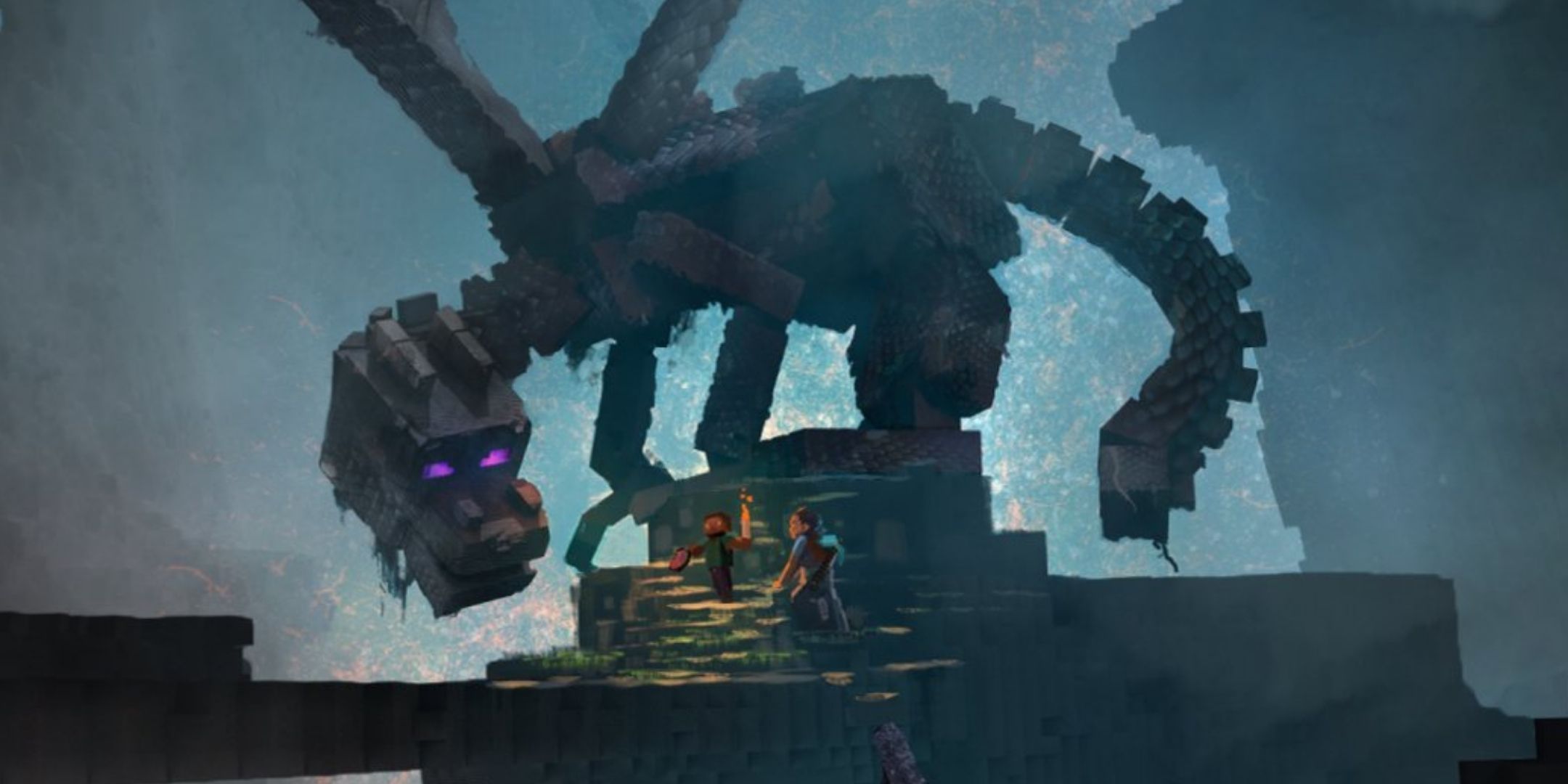 Concept art for the Minecraft movie showing an Enderdragon and two characters approaching