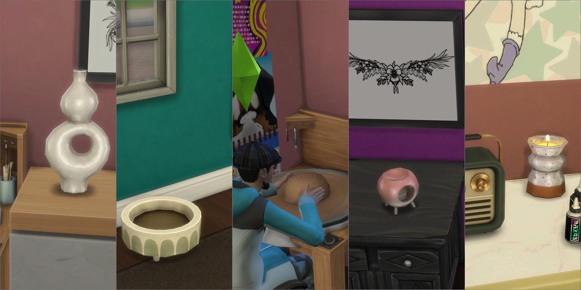 Collage showing different pottery items in The Sims 4, along with a Sim working at a pottery wheel.